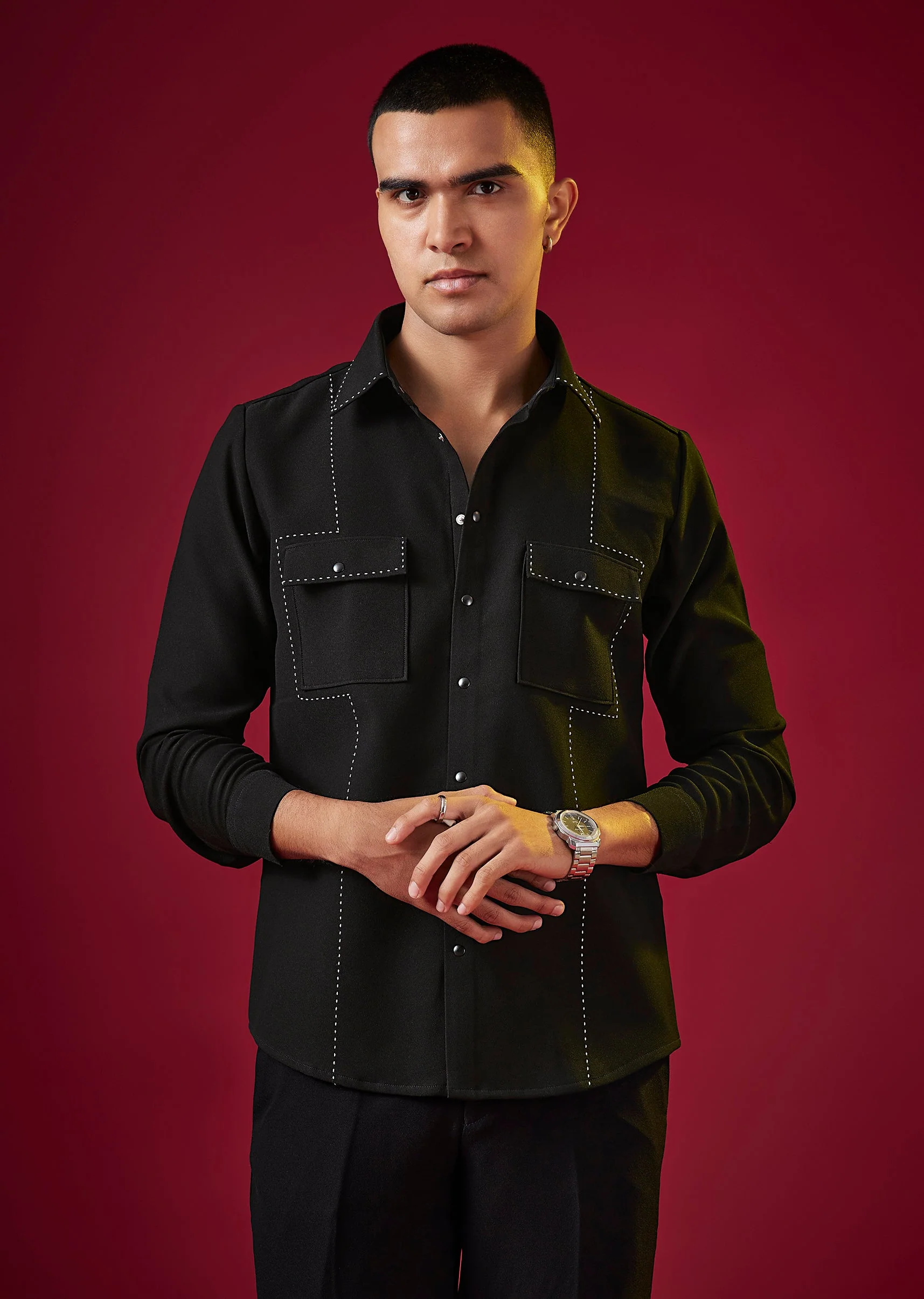 Black Viscose Resham Embroidered Mens Shirt