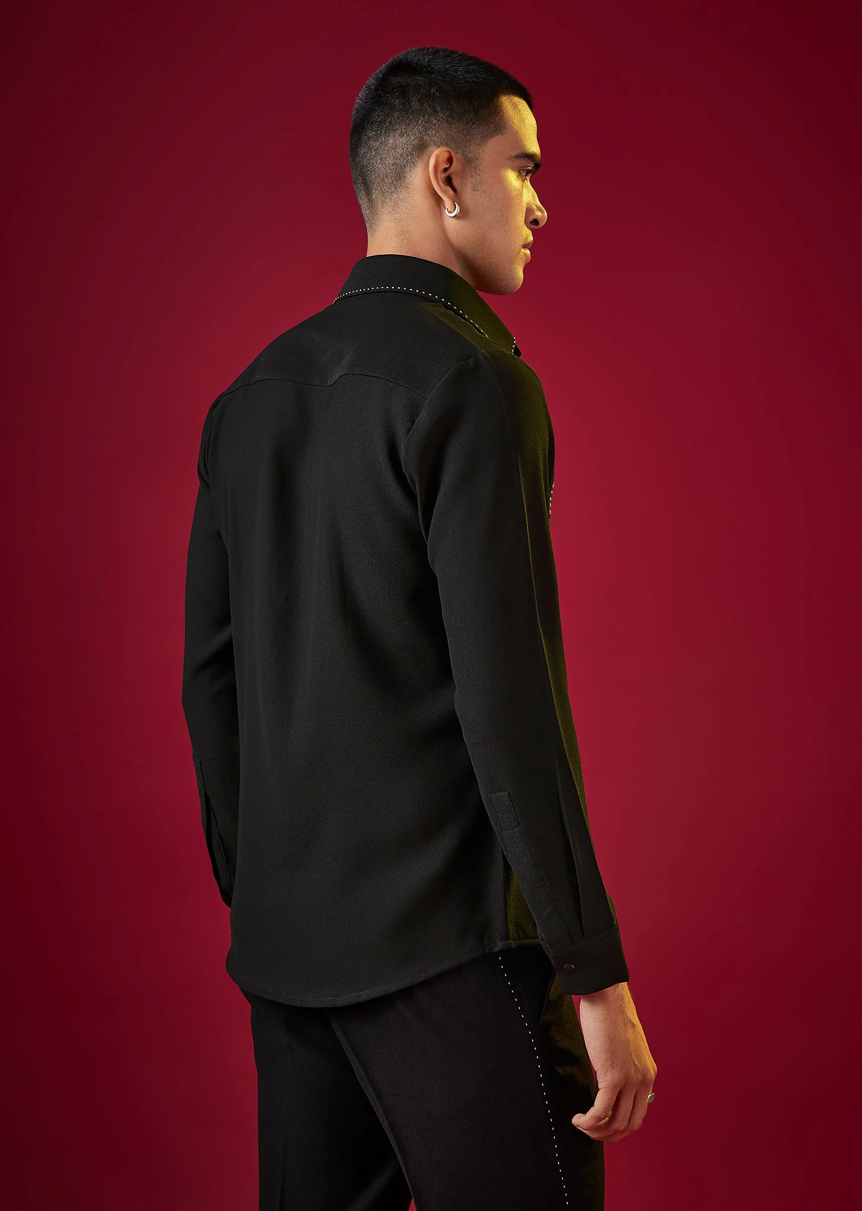 Black Viscose Resham Embroidered Mens Shirt
