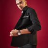 Black Viscose Mandarin Collar Solid Mens Shirt