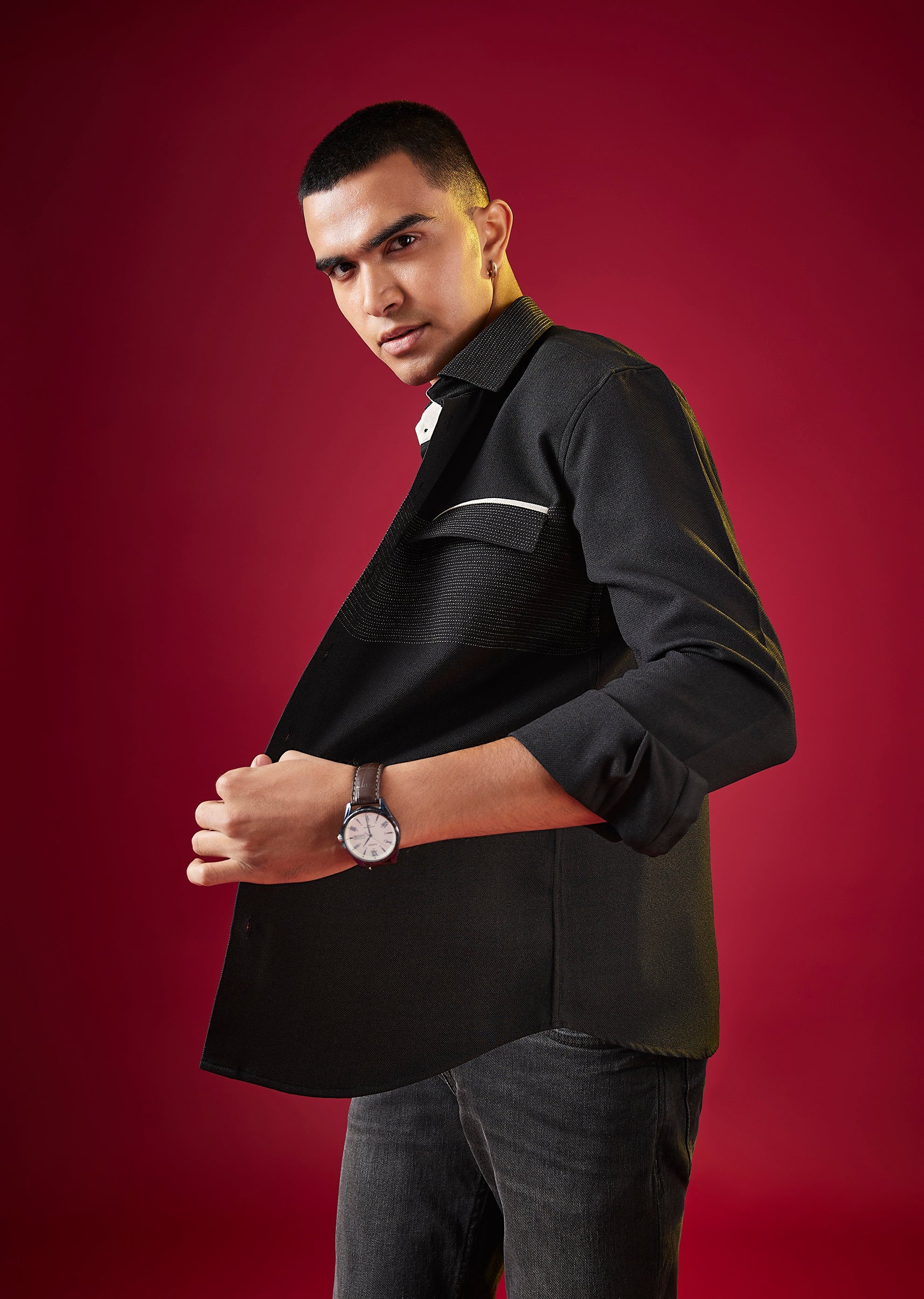 Black Viscose Mandarin Collar Solid Mens Shirt