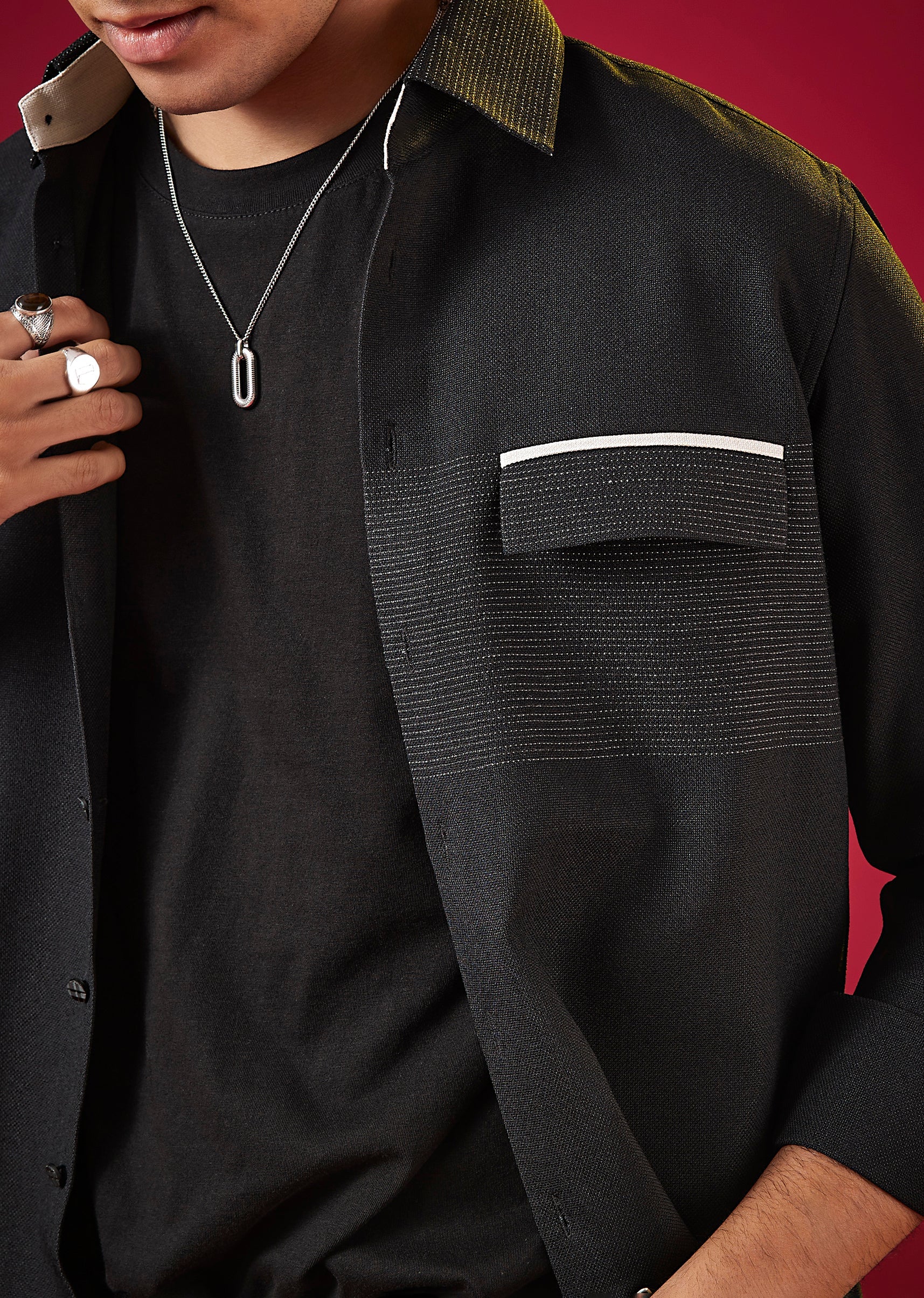 Black Viscose Mandarin Collar Solid Mens Shirt