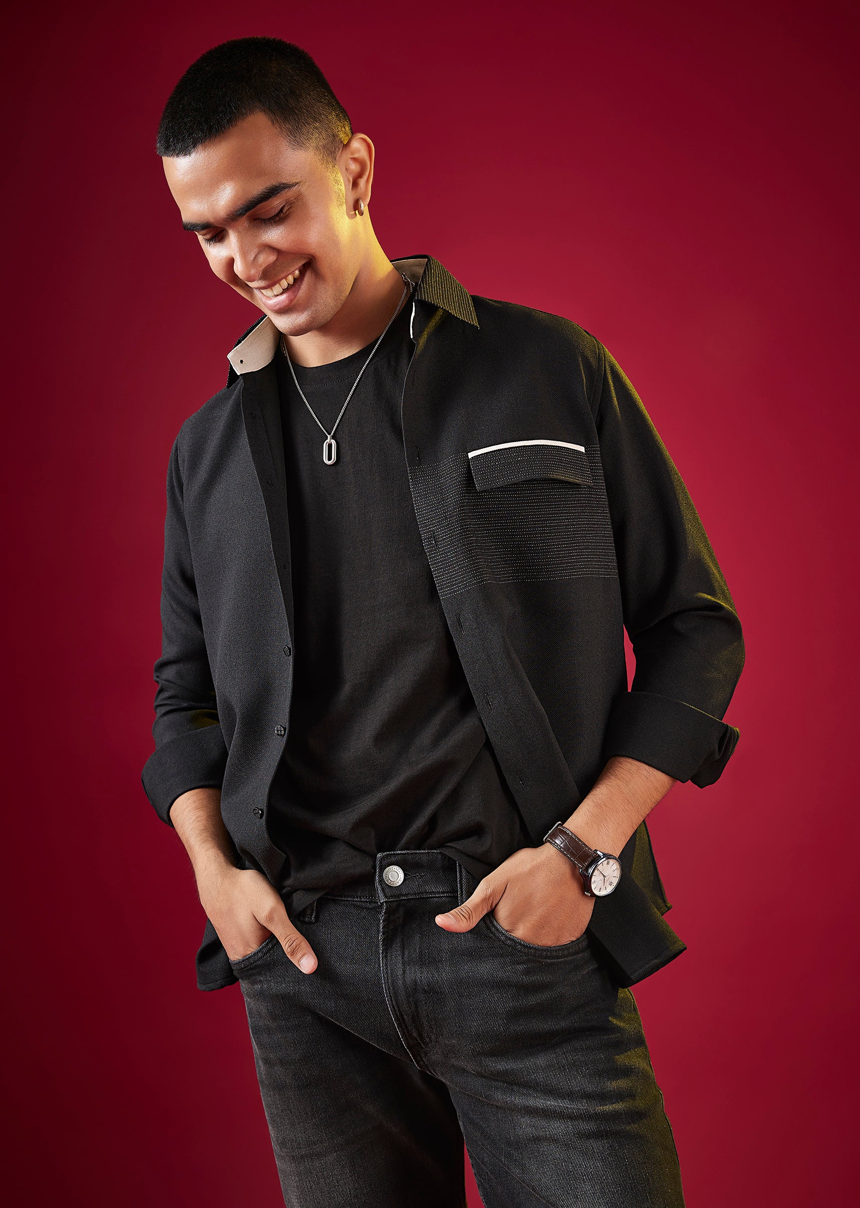 Black Viscose Mandarin Collar Solid Mens Shirt