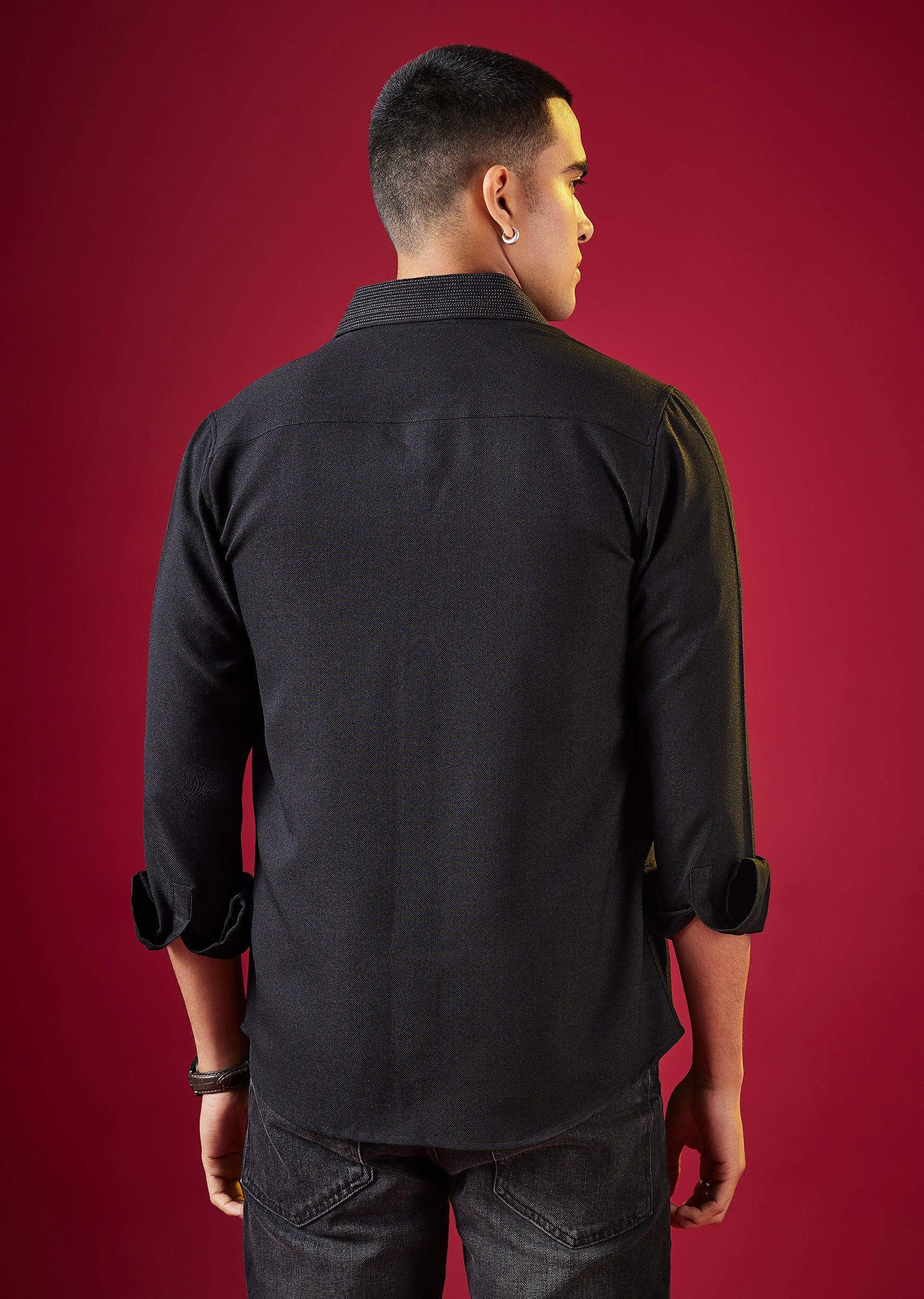 Black Viscose Mandarin Collar Solid Mens Shirt