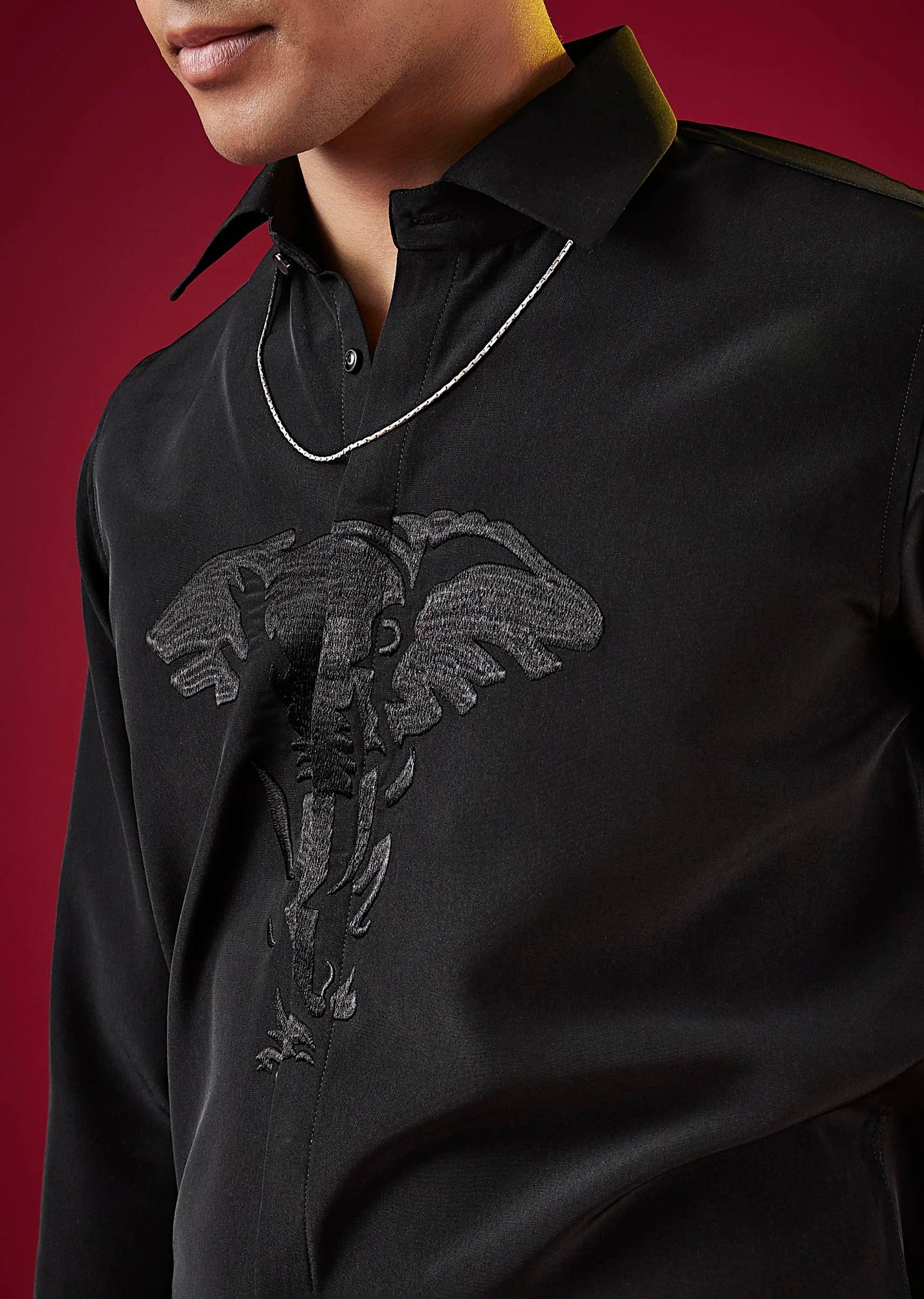 Black Viscose Thread Embroidered Mens Shirt