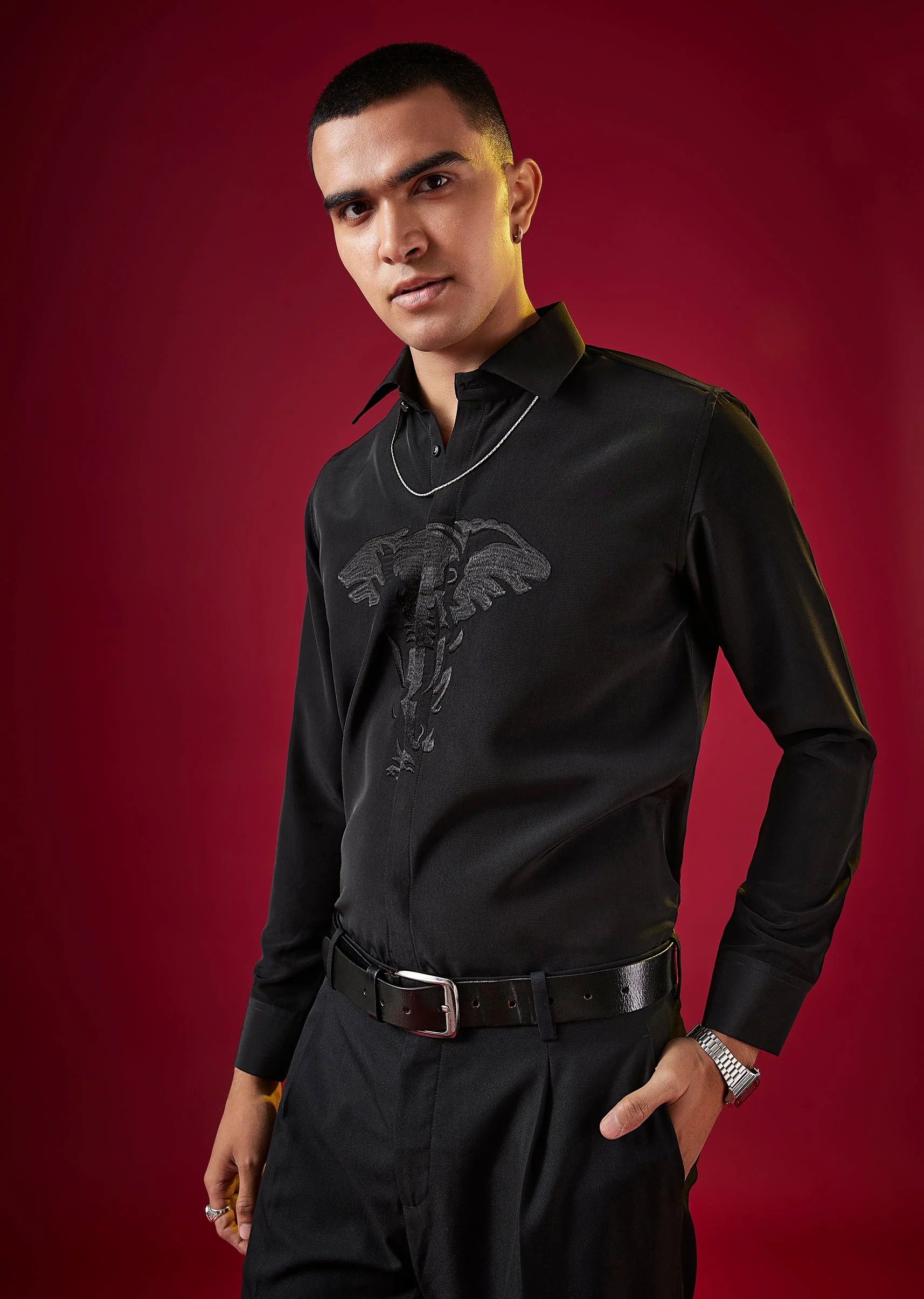 Black Viscose Thread Embroidered Mens Shirt