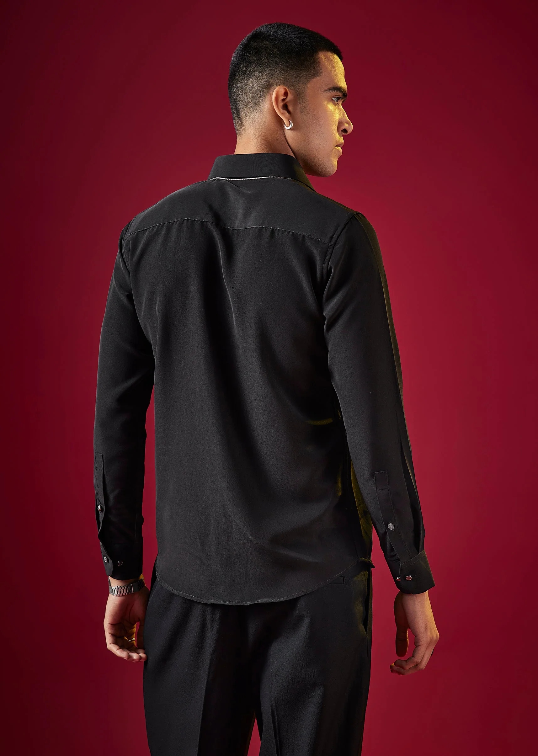 Black Viscose Thread Embroidered Mens Shirt