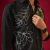 Black Applique Embroidered Floral Mens Shirt