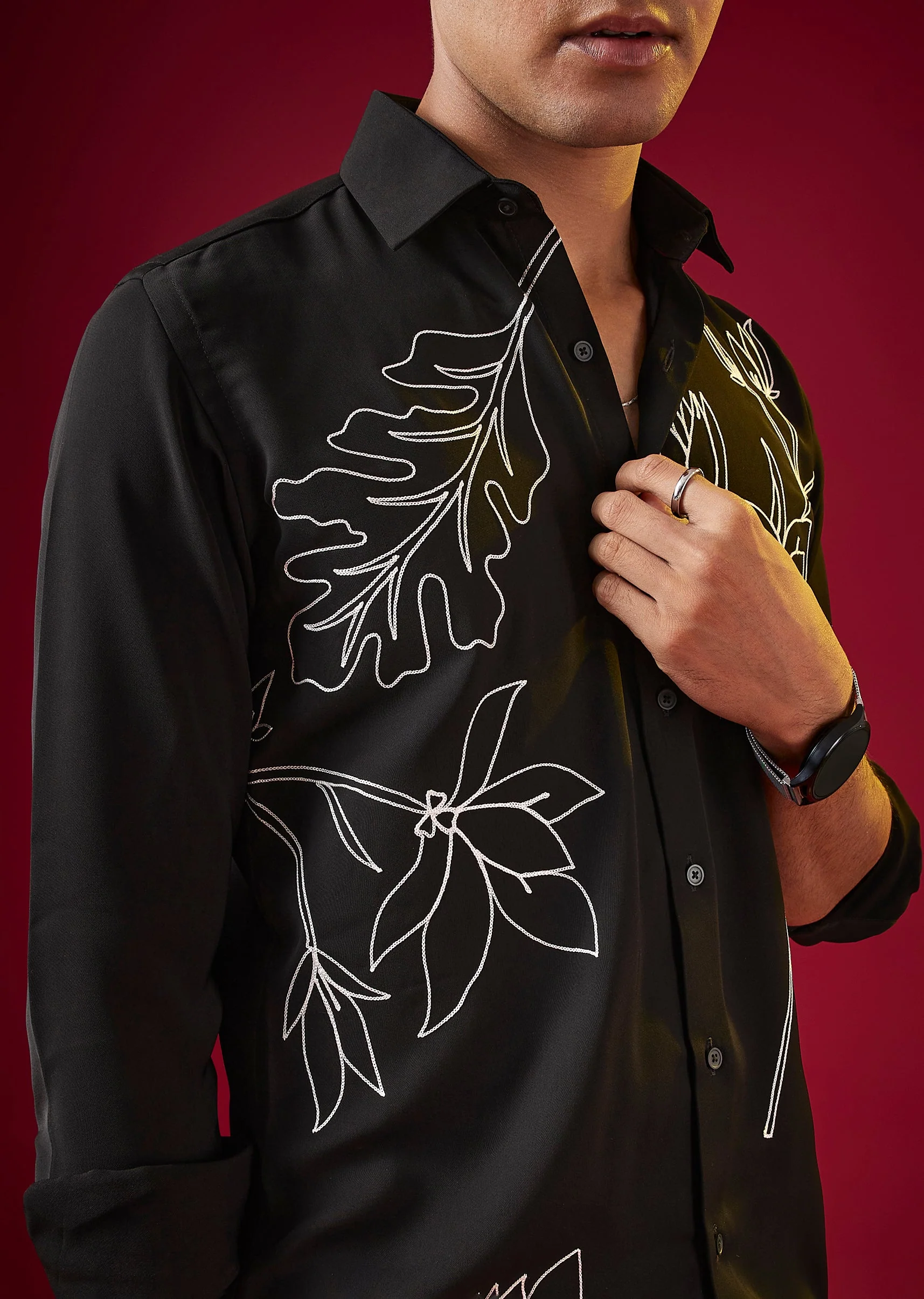 Black Applique Embroidered Floral Mens Shirt