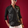 Black Applique Embroidered Floral Mens Shirt