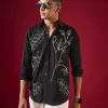 Black Applique Embroidered Floral Mens Shirt