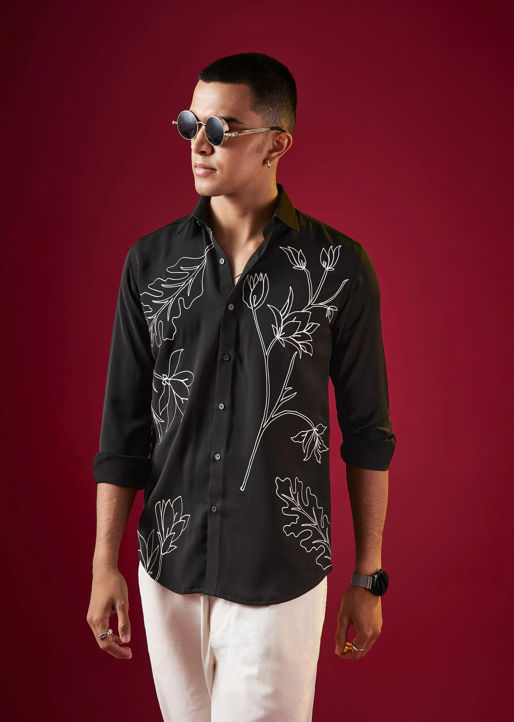 Black Applique Embroidered Floral Mens Shirt