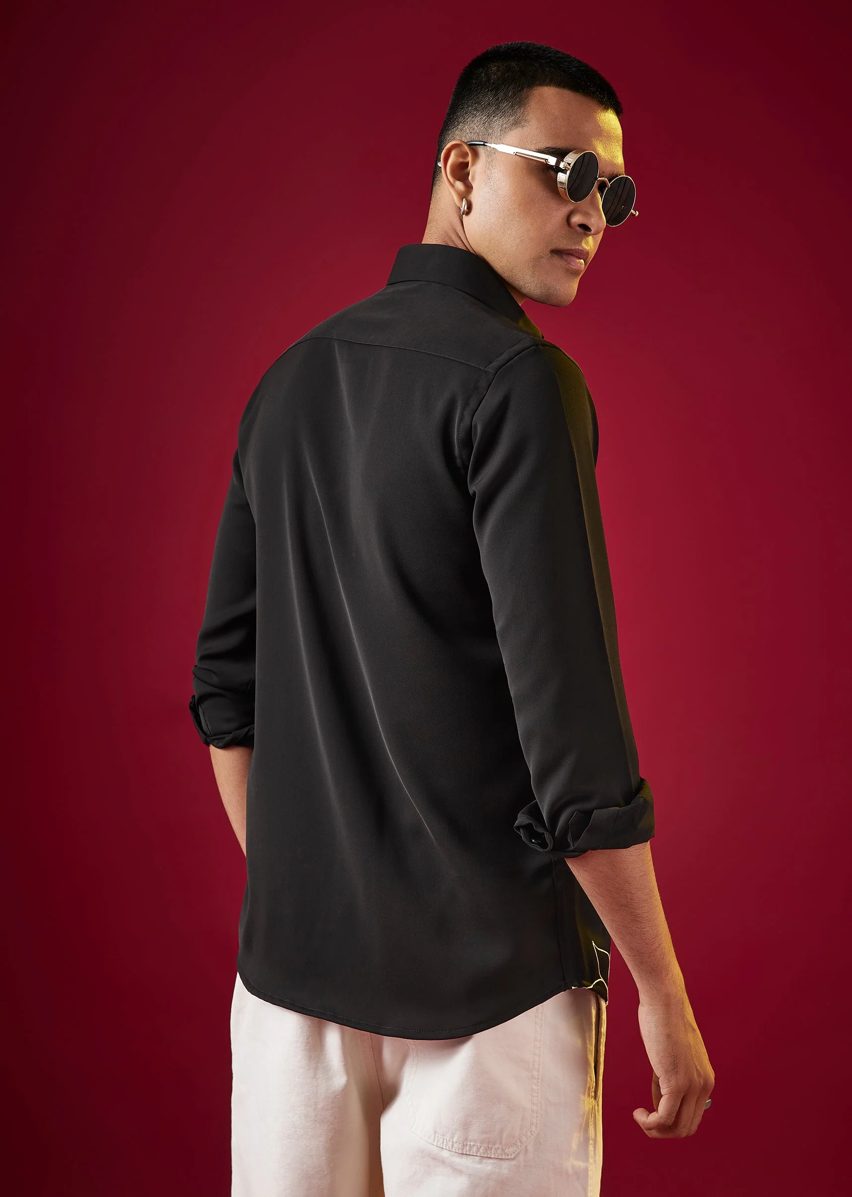 Black Applique Embroidered Floral Mens Shirt