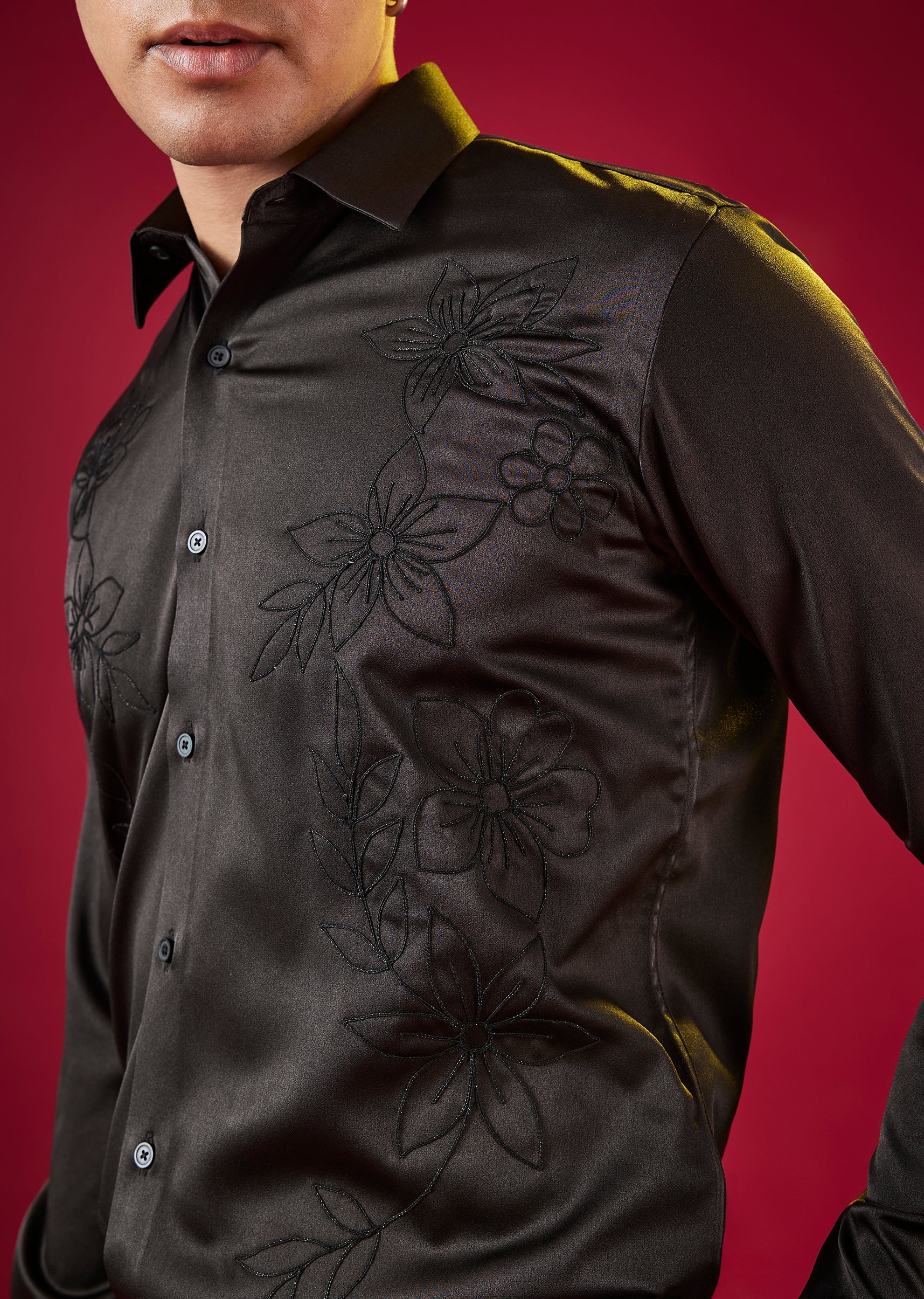 Black Thread Embellished Mens Shirt