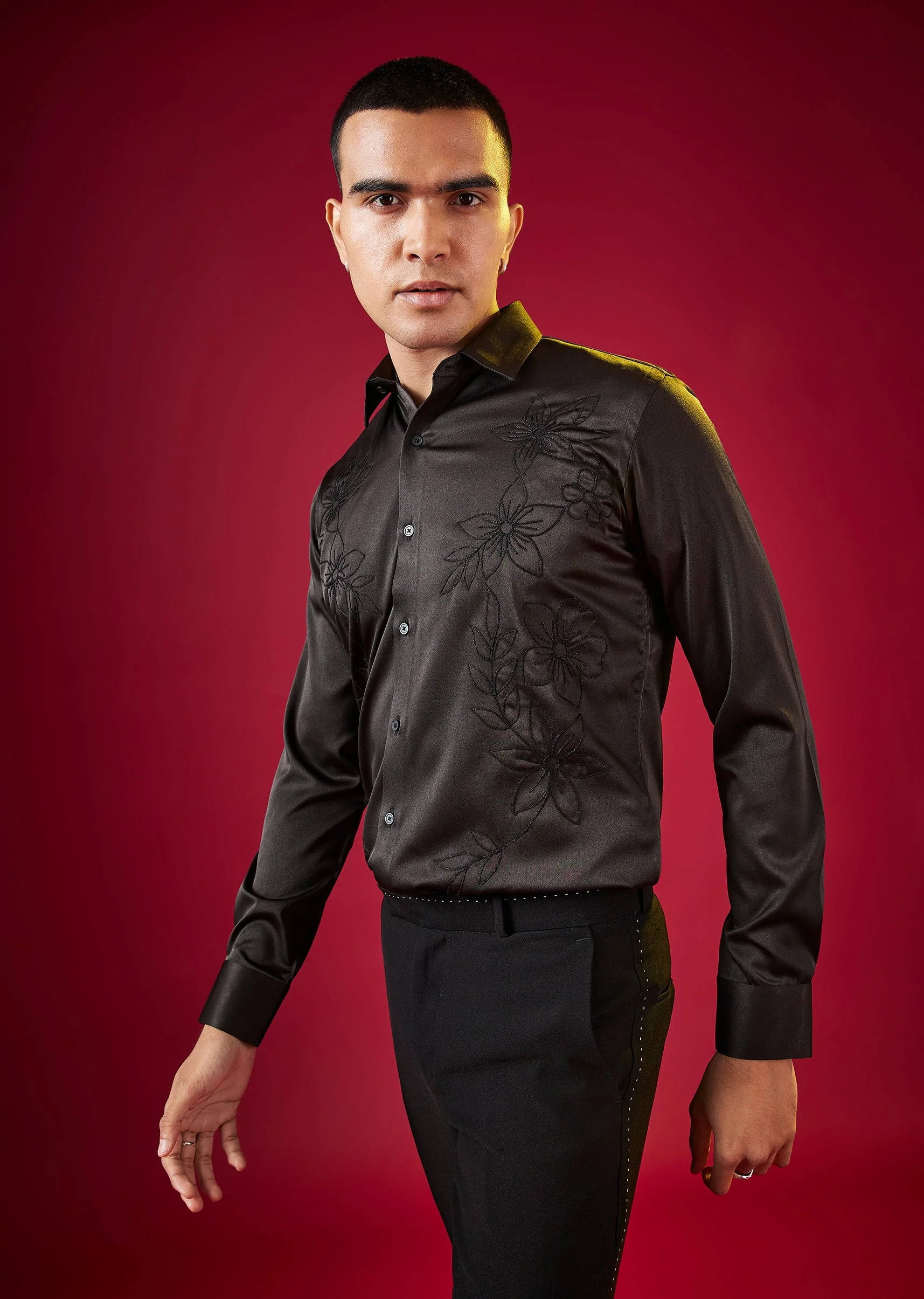 Black Thread Embellished Mens Shirt