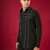 Black Mandarin Collar Striped Mens Shirt In Viscose