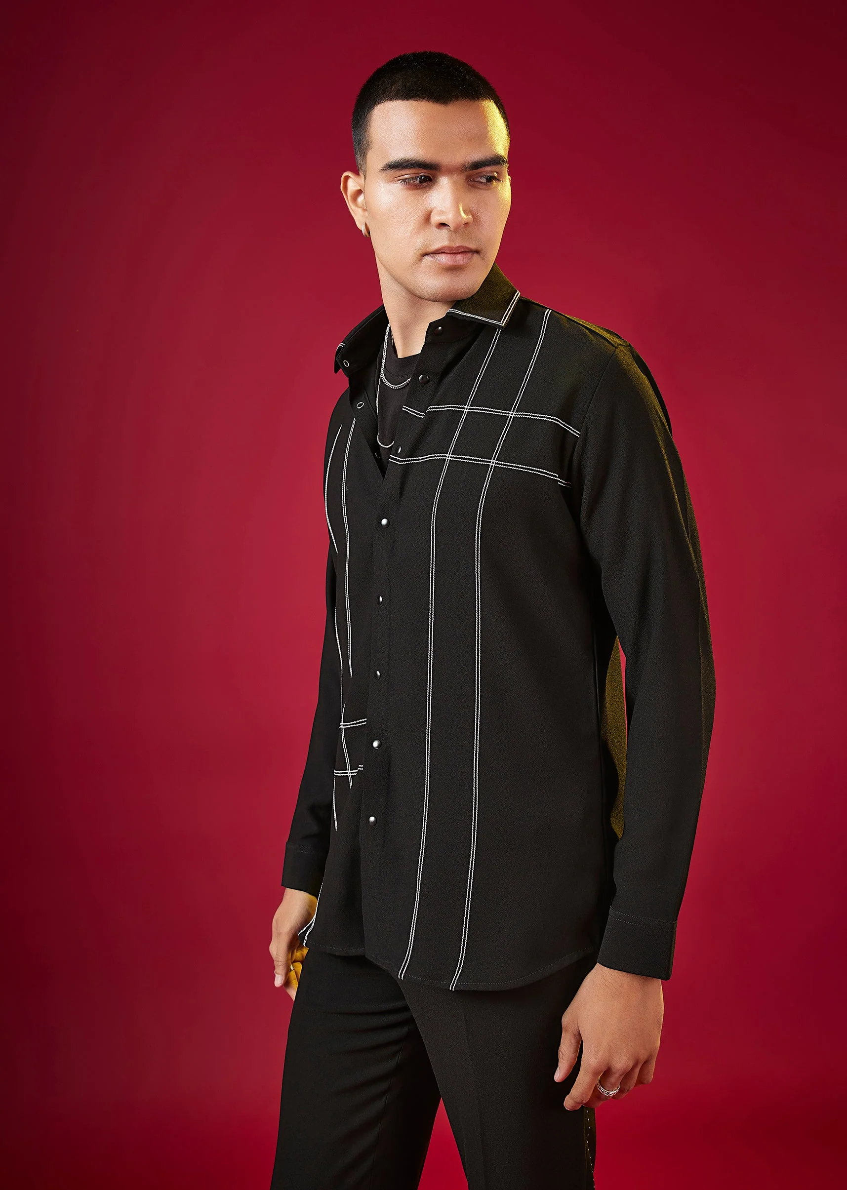 4096-black-mandarin-collar-striped-mens-shirt-in-viscose-1.webp Black Mandarin Collar Striped Mens Shirt In Viscose