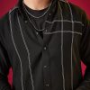 Black Mandarin Collar Striped Mens Shirt In Viscose