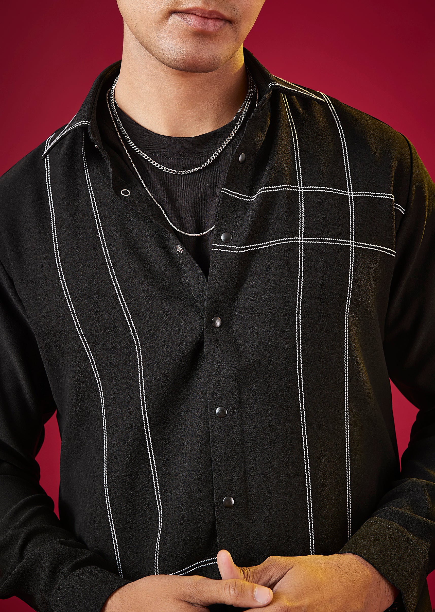 Black Mandarin Collar Striped Mens Shirt In Viscose