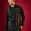 Black Mandarin Collar Striped Mens Shirt In Viscose