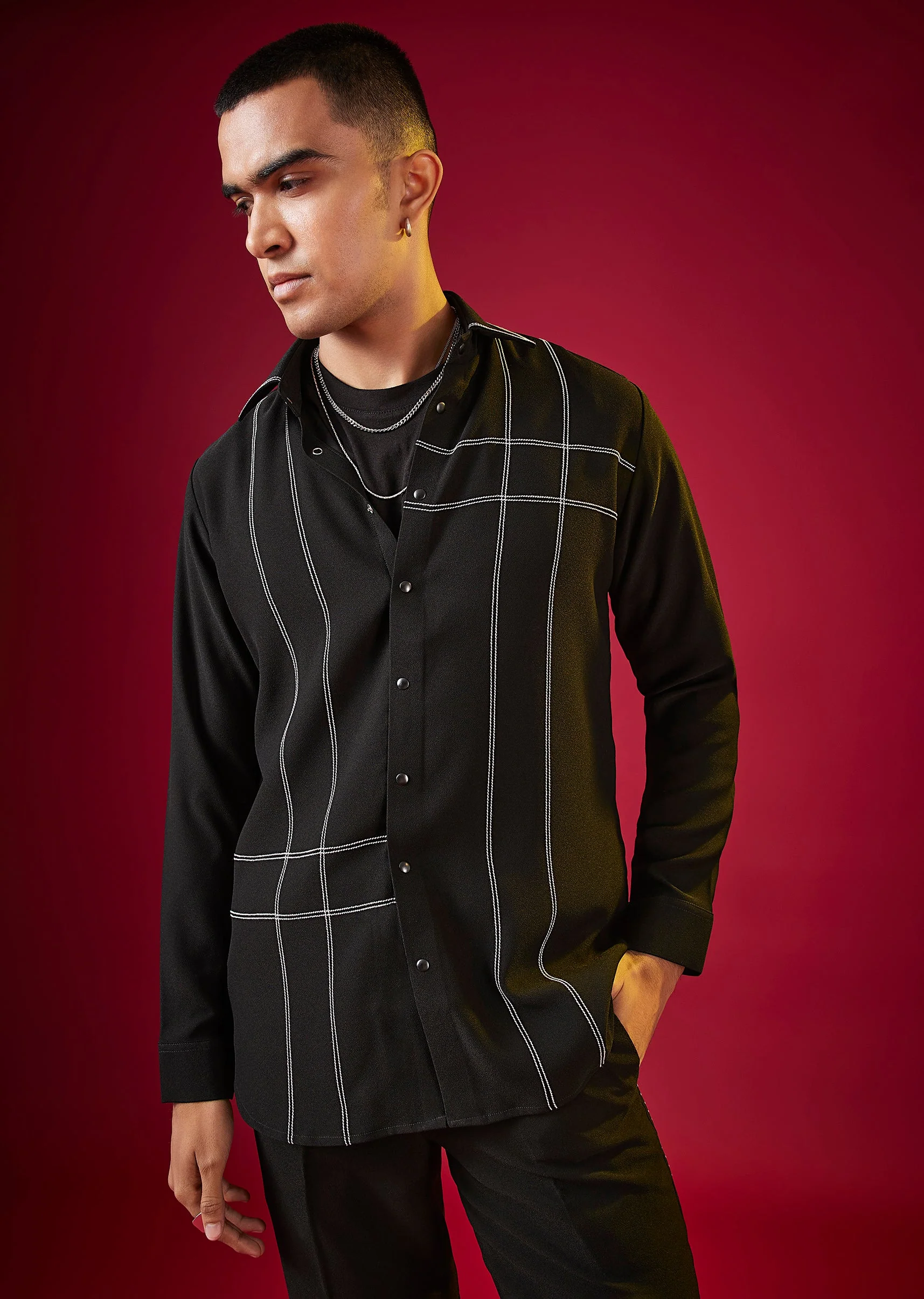 Black Mandarin Collar Striped Mens Shirt In Viscose