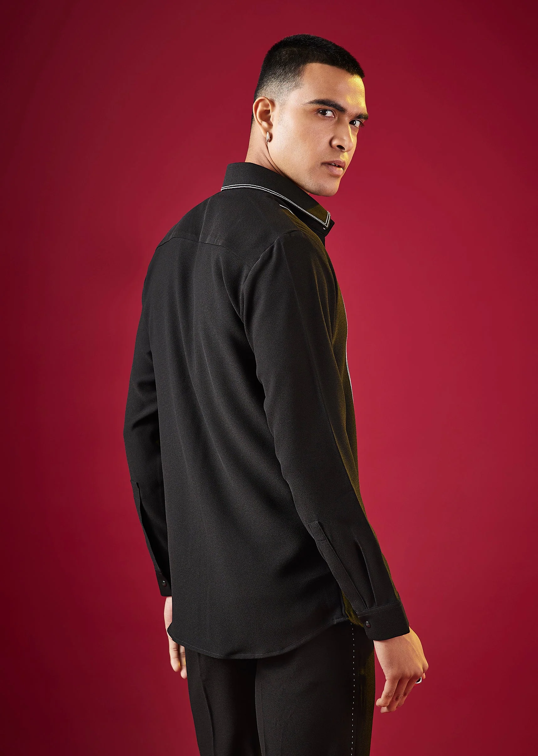 Black Mandarin Collar Striped Mens Shirt In Viscose