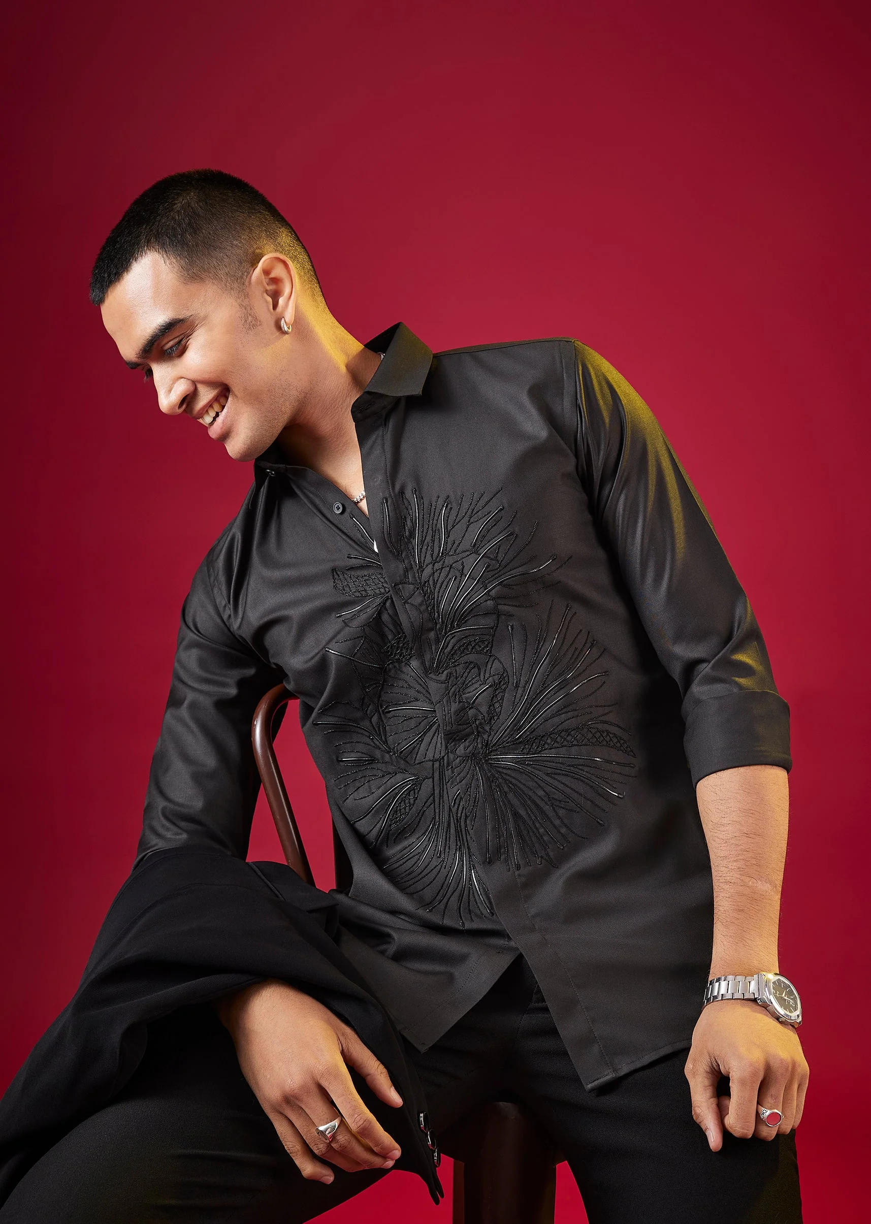 Black Thread And Resham Embroidered Mens Shirt