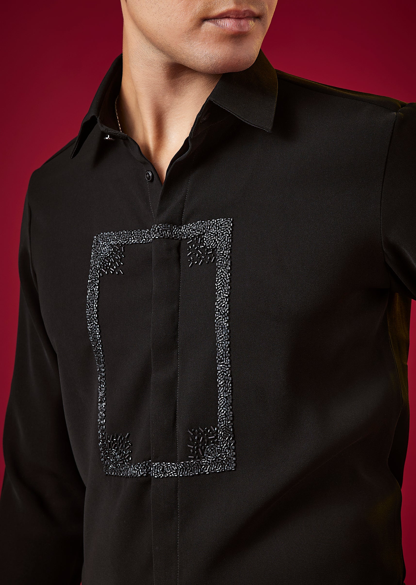 Black Viscose Cutdana Embroidered Mens Shirt