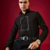 Black Viscose Cutdana Embroidered Mens Shirt