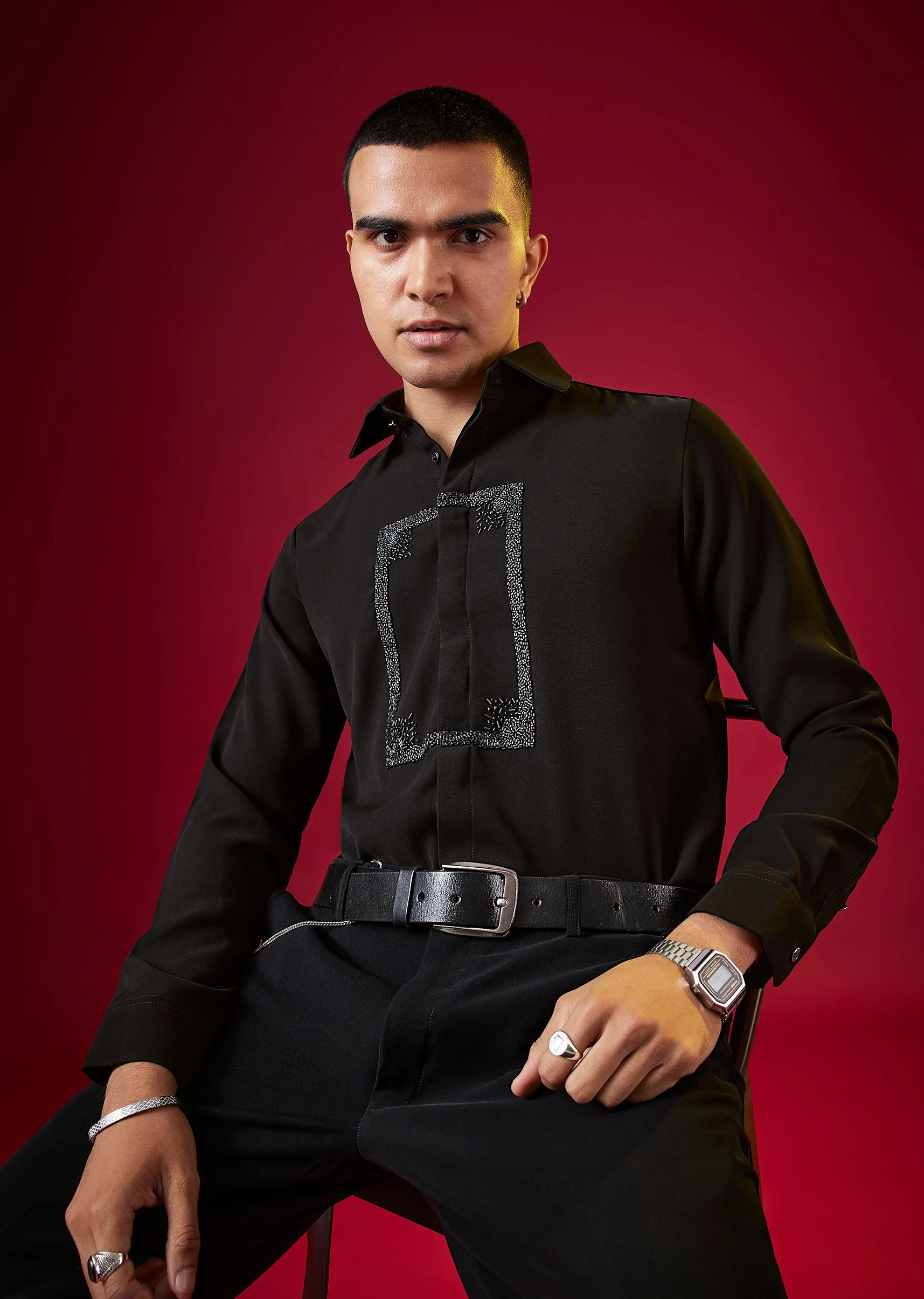 Black Viscose Cutdana Embroidered Mens Shirt