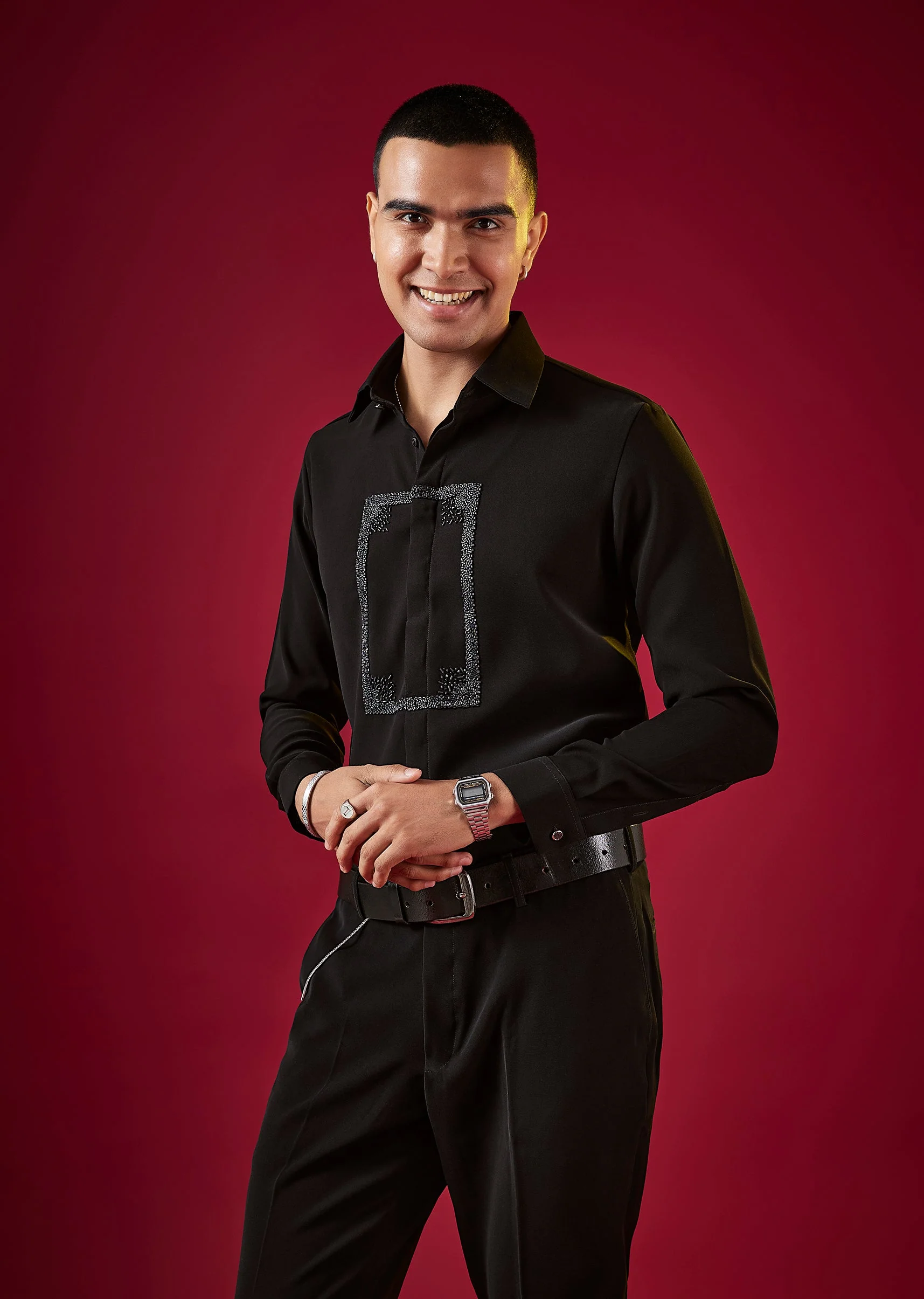 Black Viscose Cutdana Embroidered Mens Shirt