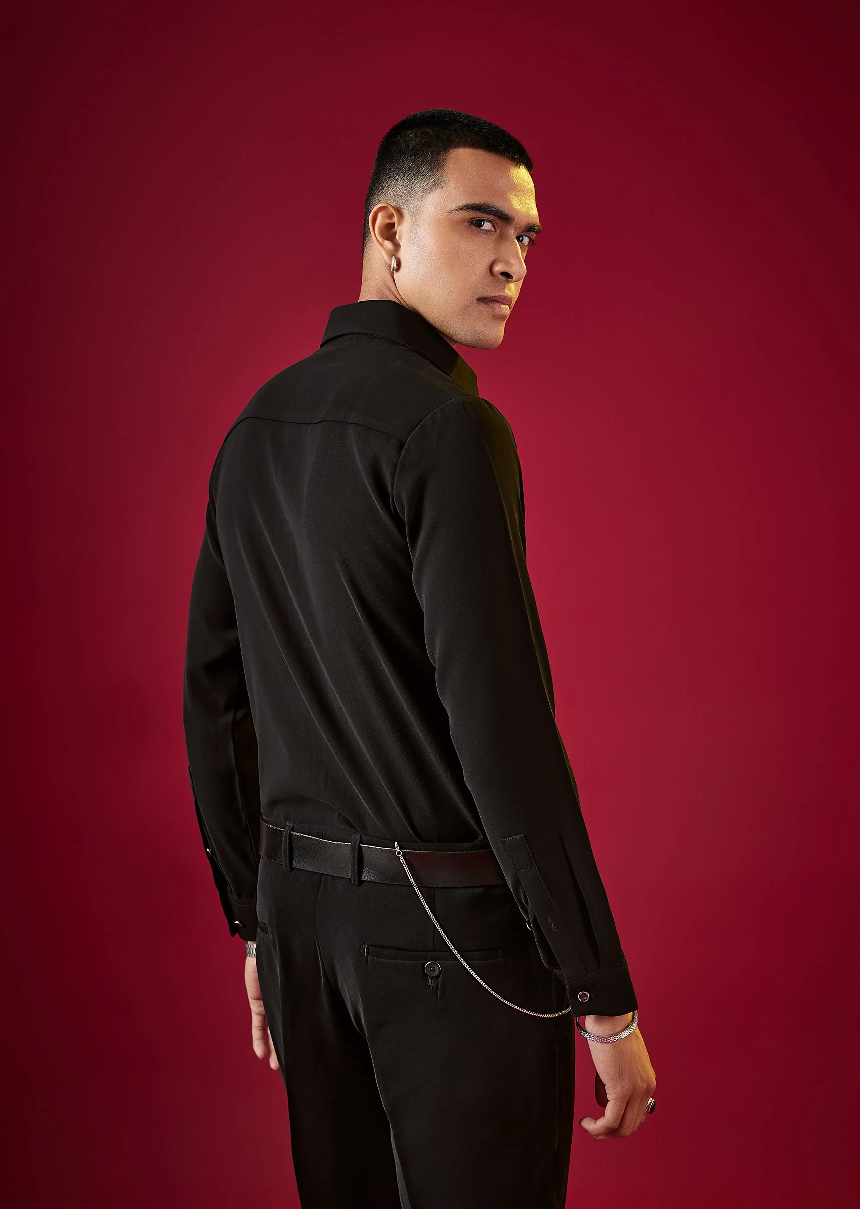 Black Viscose Cutdana Embroidered Mens Shirt