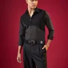 Black Mandarin Collar Solid Mens Shirt In Viscose