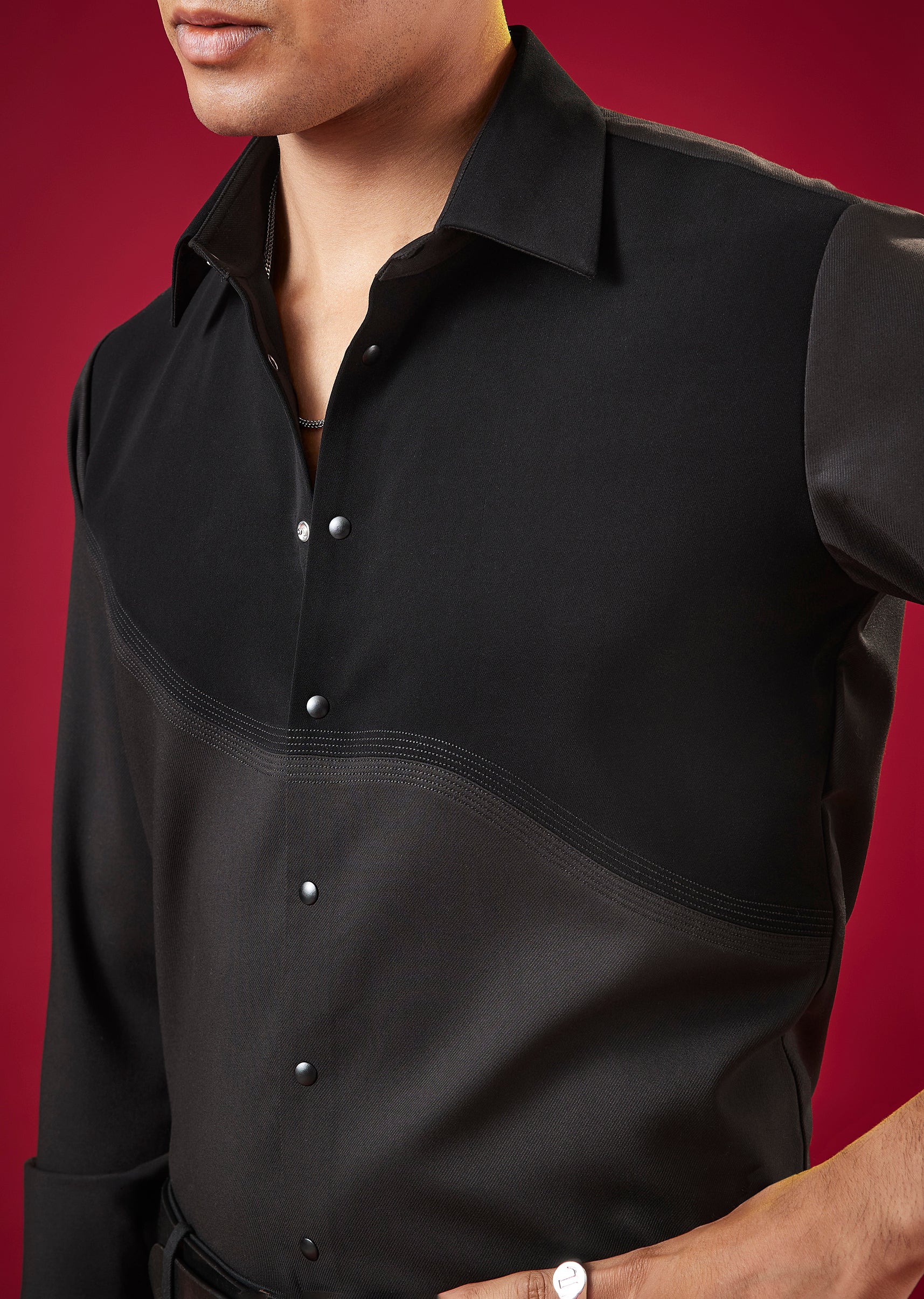 Black Mandarin Collar Solid Mens Shirt In Viscose