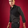 Black Mandarin Collar Solid Mens Shirt In Viscose