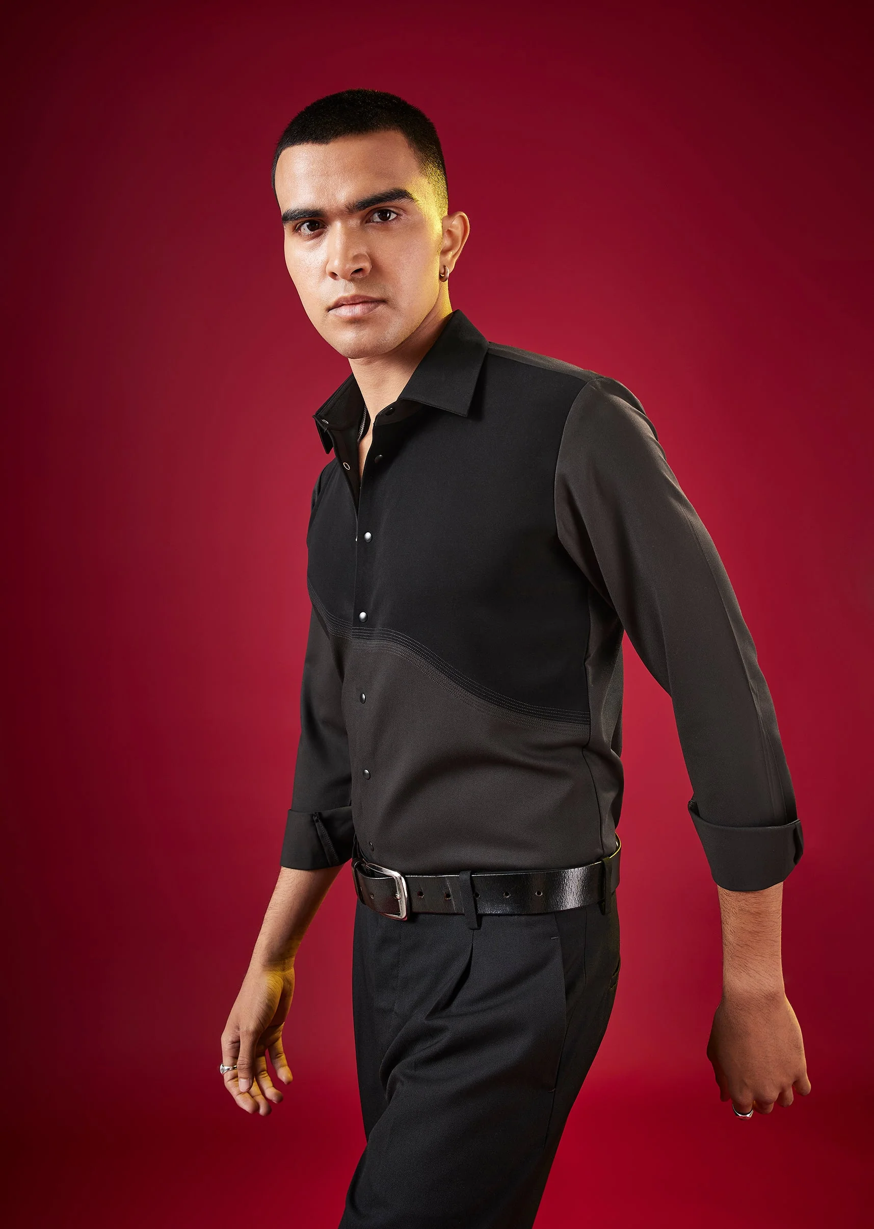 Black Mandarin Collar Solid Mens Shirt In Viscose