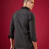 Black Mandarin Collar Solid Mens Shirt In Viscose