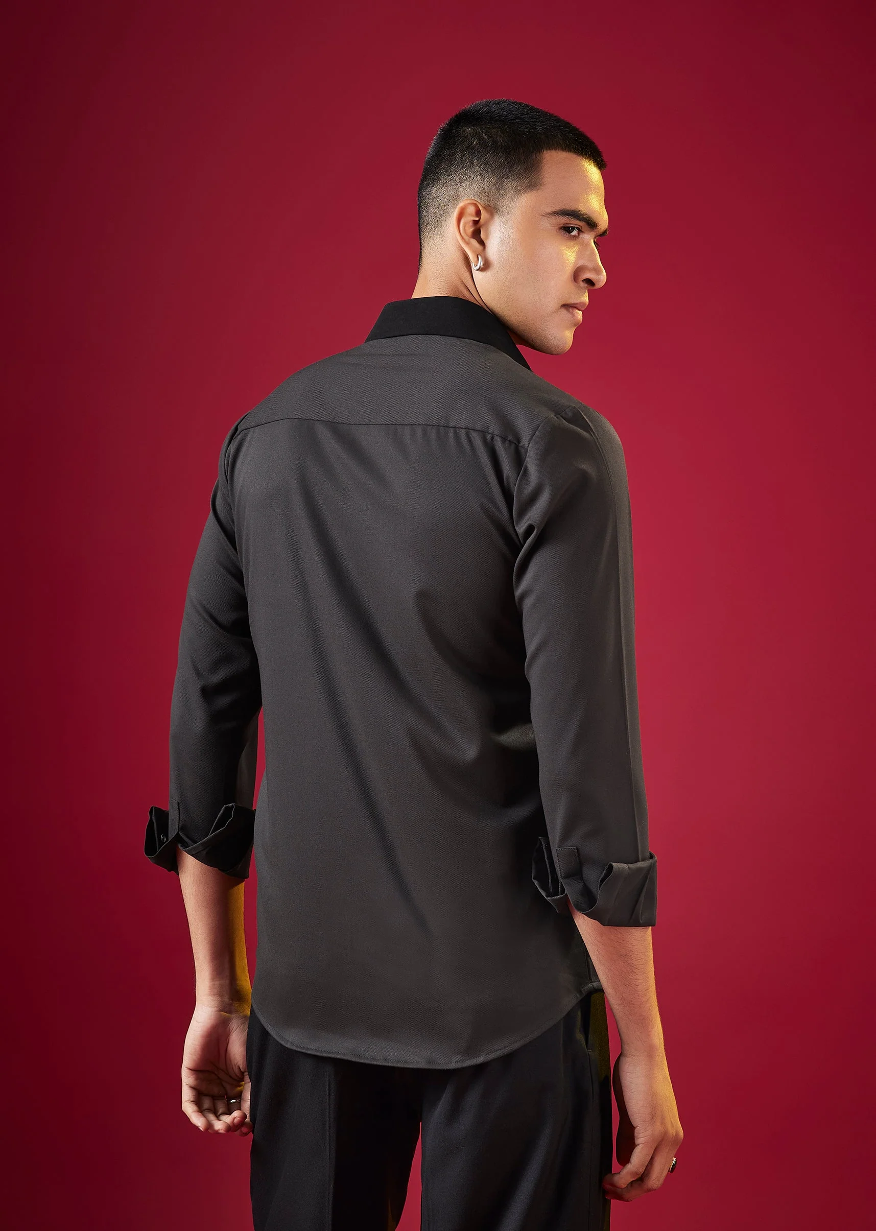 Black Mandarin Collar Solid Mens Shirt In Viscose