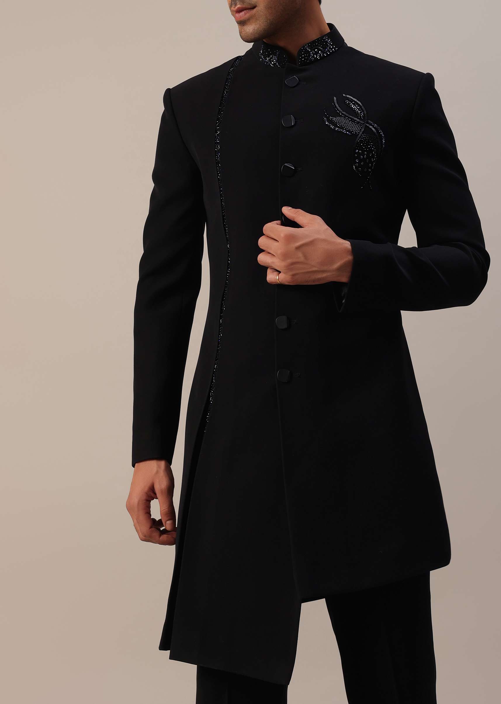 4156-black-indowestern-in-suiting-fabric-with-cut-dana-embroidery-1.jpg Black Indowestern In Suiting Fabric With Cut Dana Embroidery