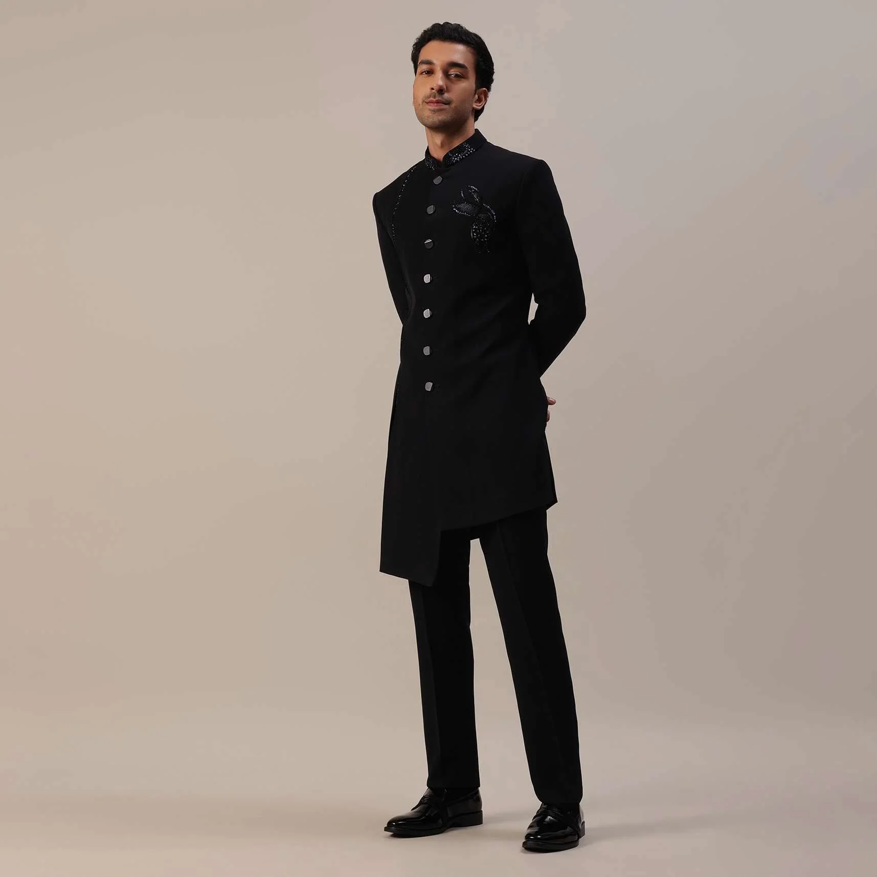Black Indowestern In Suiting Fabric With Cut Dana Embroidery