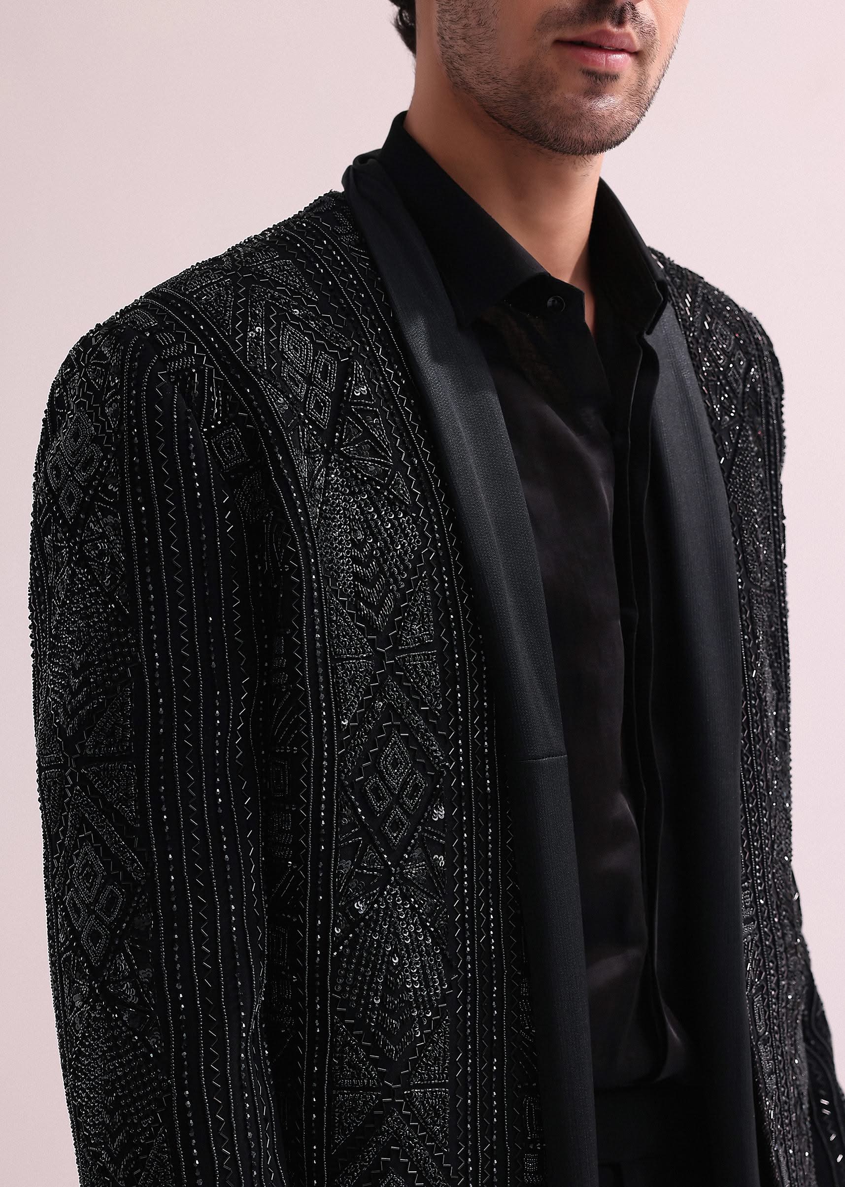 4165-black-indo-western-lapel-jacket-with-shirt-and-pant-1.jpg Black Indo Western Lapel Jacket With Shirt And Pant