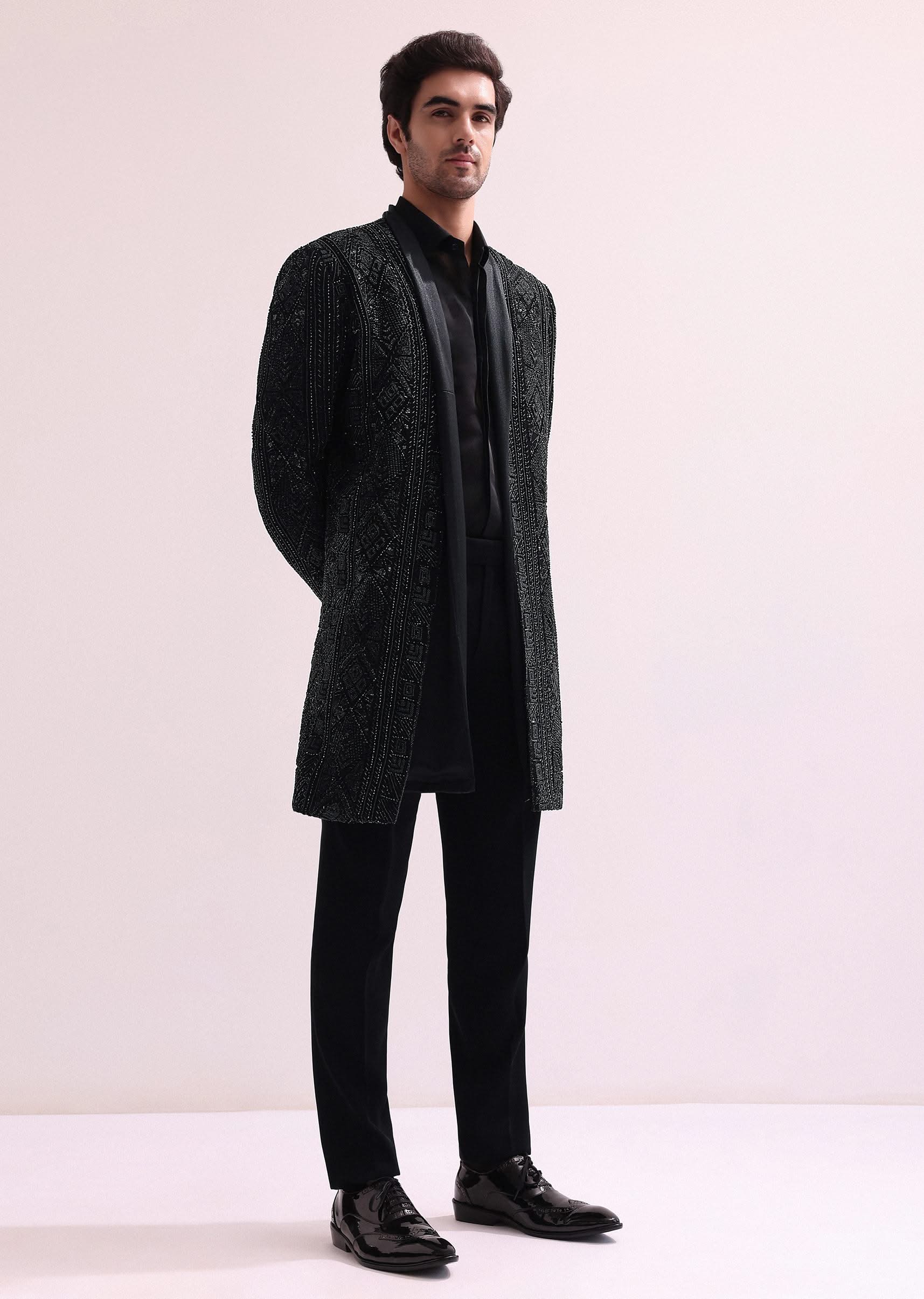 Black Indo Western Lapel Jacket With Shirt And Pant