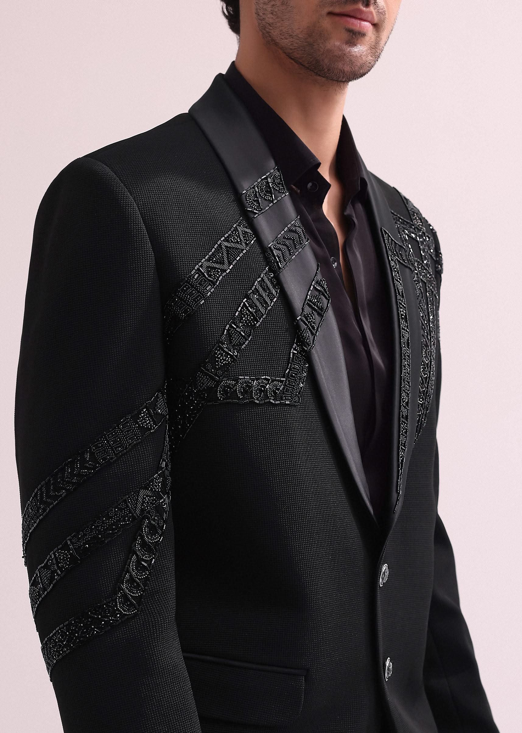 4183-black-lapel-hand-embroidered-tuxedo-with-shirt-and-pants-1.jpg Black Lapel Hand Embroidered Tuxedo With Shirt And Pants