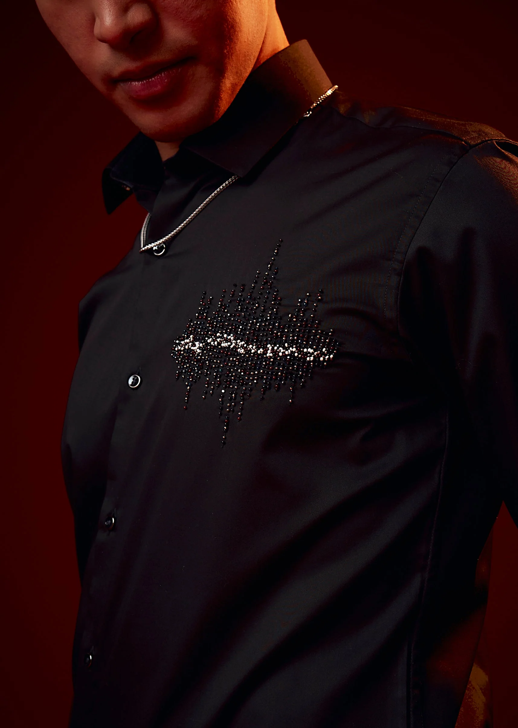 Black Embroidered Silk Blend Mandarin Collar Shirt