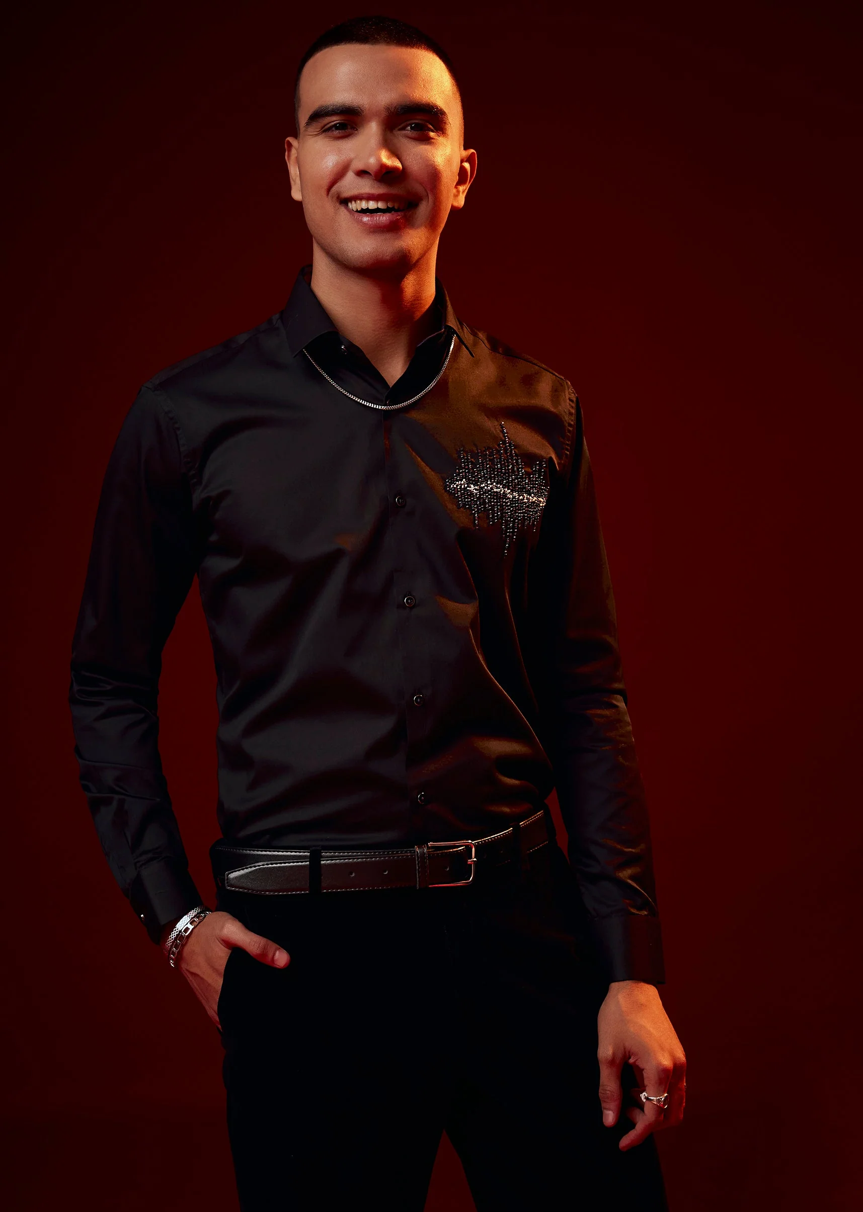 Black Embroidered Silk Blend Mandarin Collar Shirt