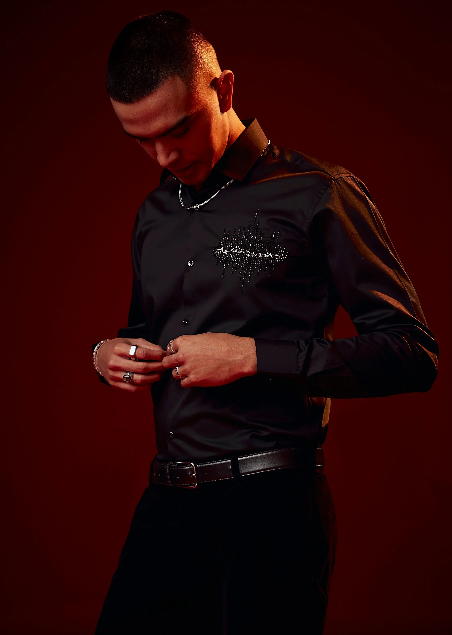 Black Embroidered Silk Blend Mandarin Collar Shirt