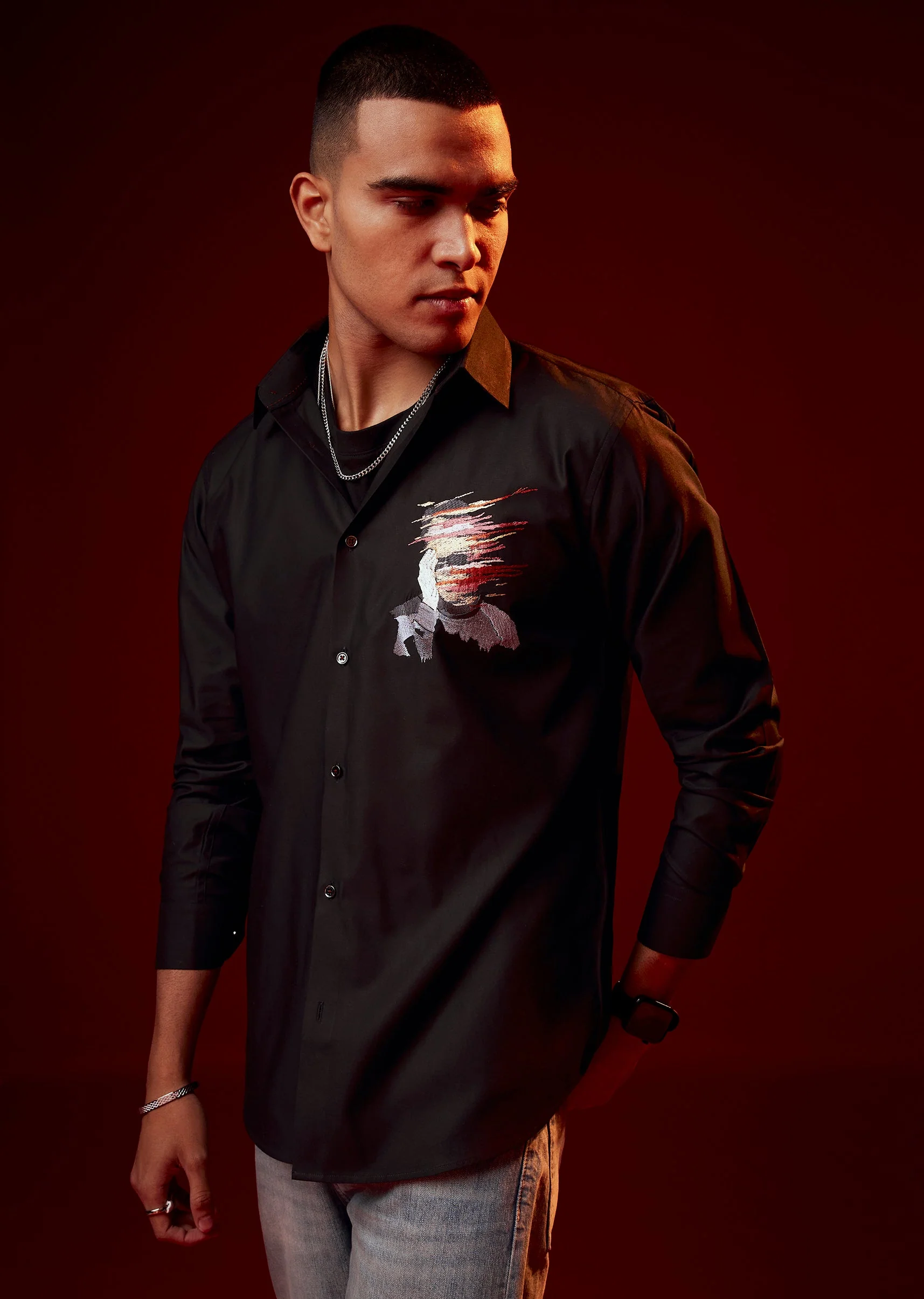 Black Embroidered Silk Blend Festive Shirt