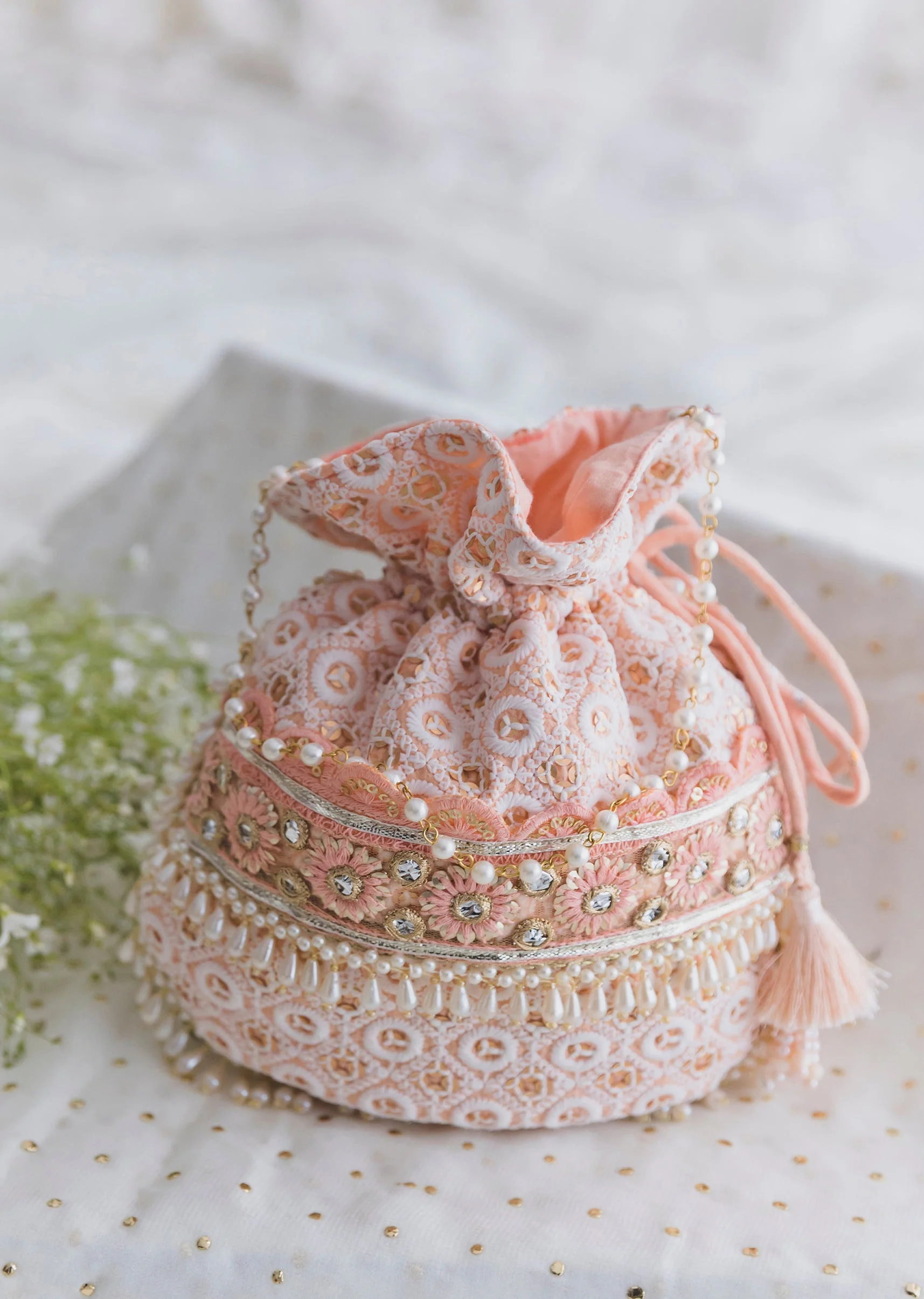 Peach Cotton Potli With Embroidery
