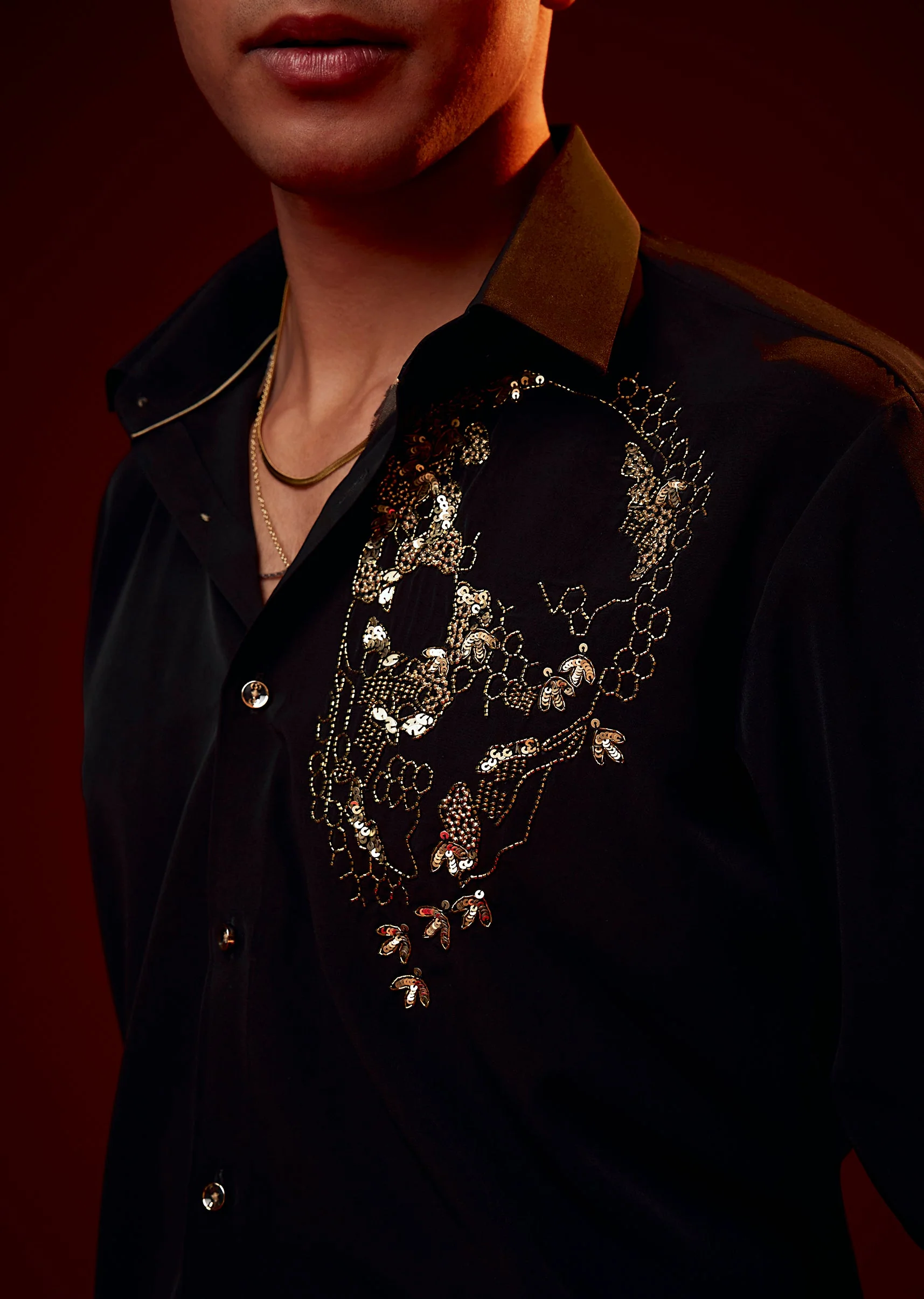 Black Embellished Polyester Party Shirt