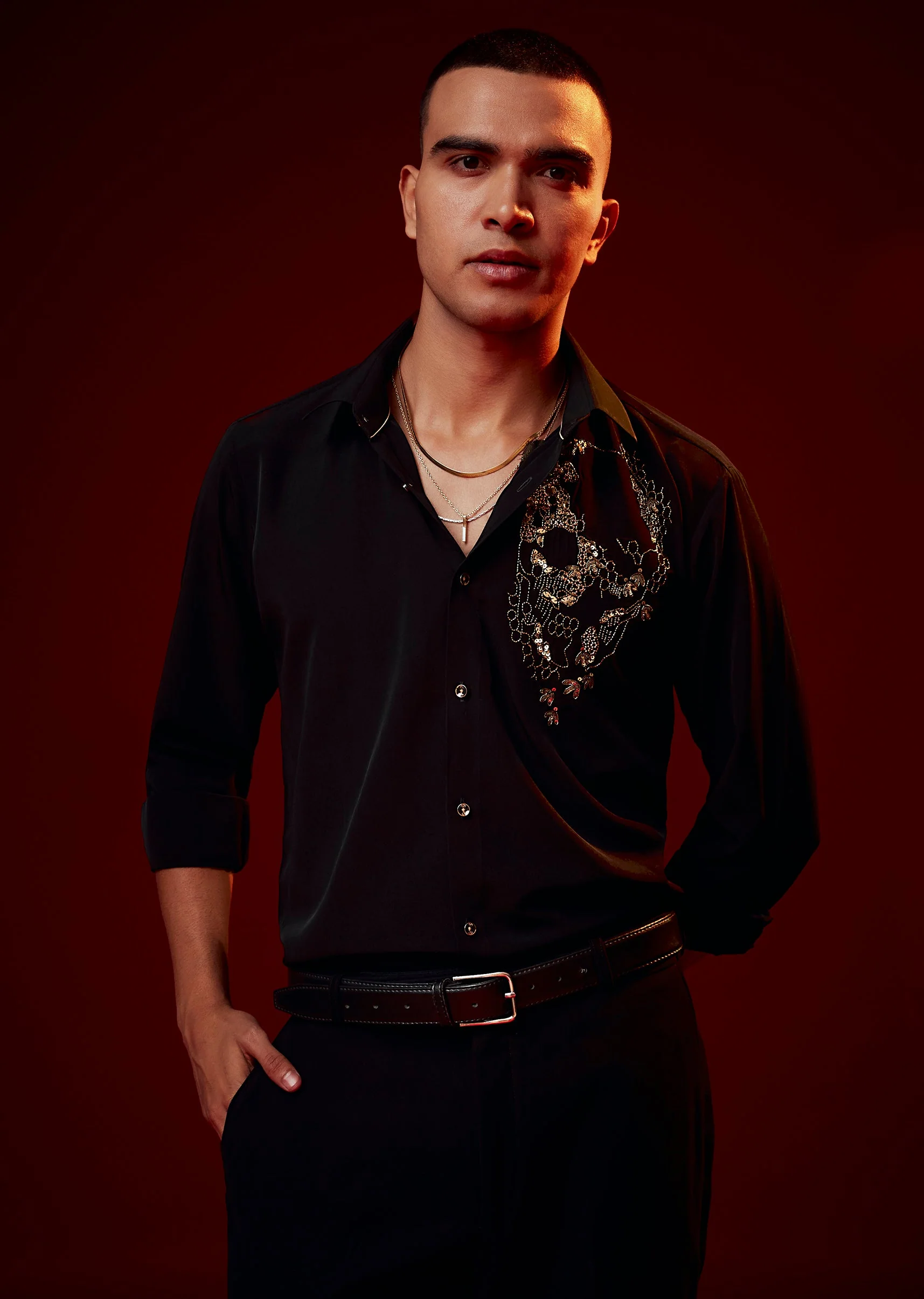 Black Embellished Polyester Party Shirt