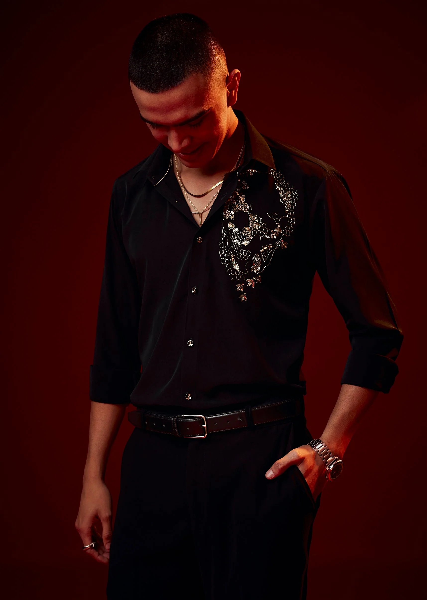 Black Embellished Polyester Party Shirt